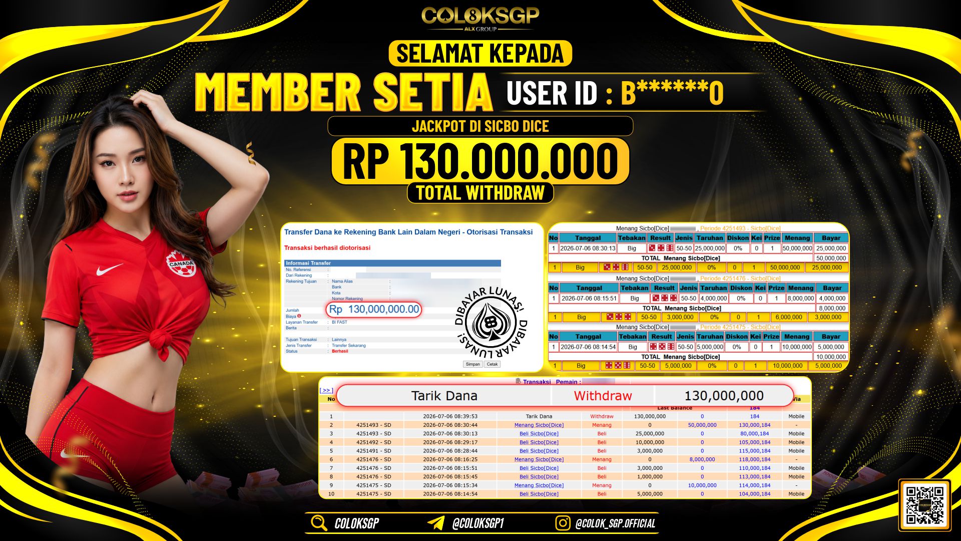 COLOKSGP JACKPOT IDNLIVE - SICBO DICE RP130.000.000,- LUNAS