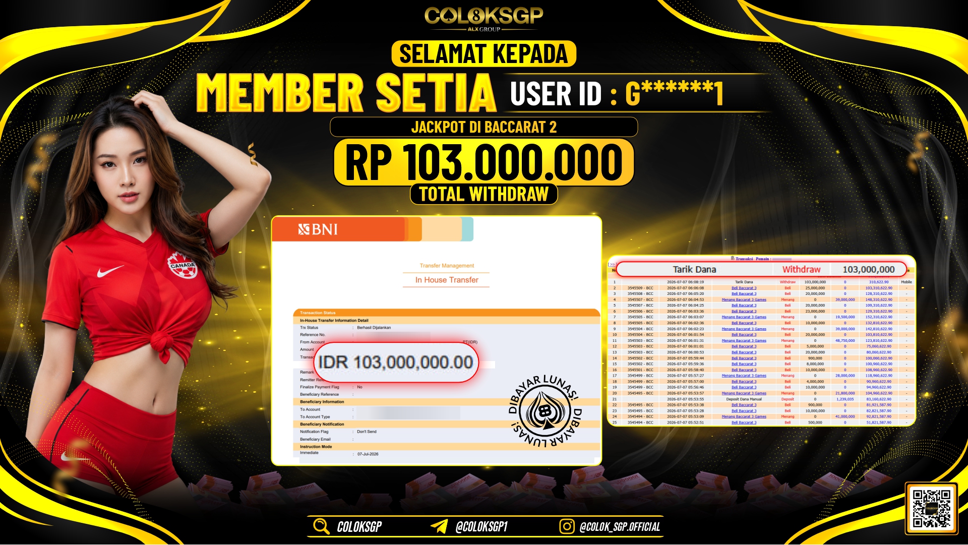 COLOKSGP JACKPOT IDNLIVE - BACCARAT 2 RP103.000.000,- LUNAS