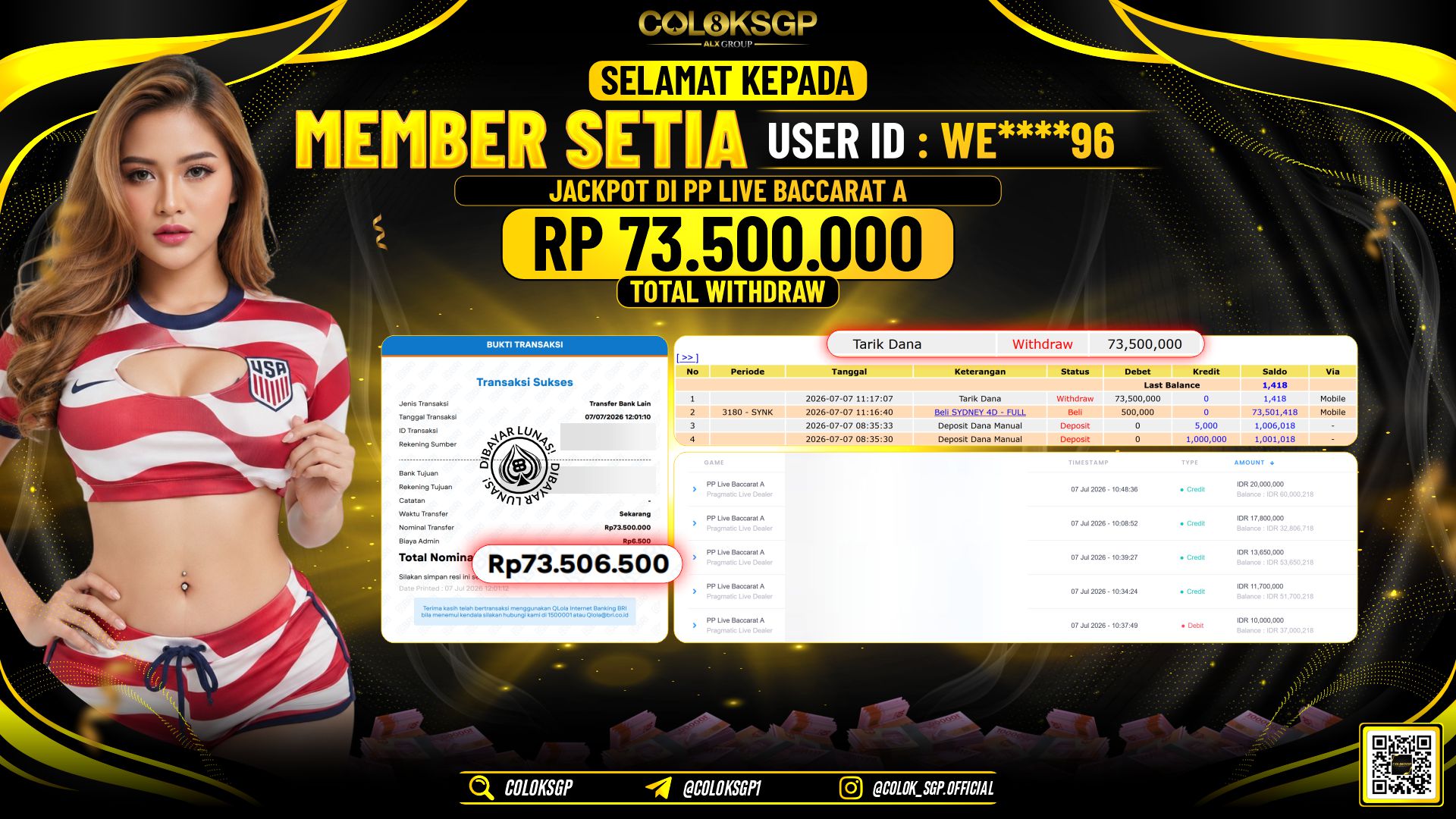 COLOKSGP JACKPOT PRAGMATIC LIVE DEALER - PP LIVE BACCARAT A RP73.500.000,- LUNAS