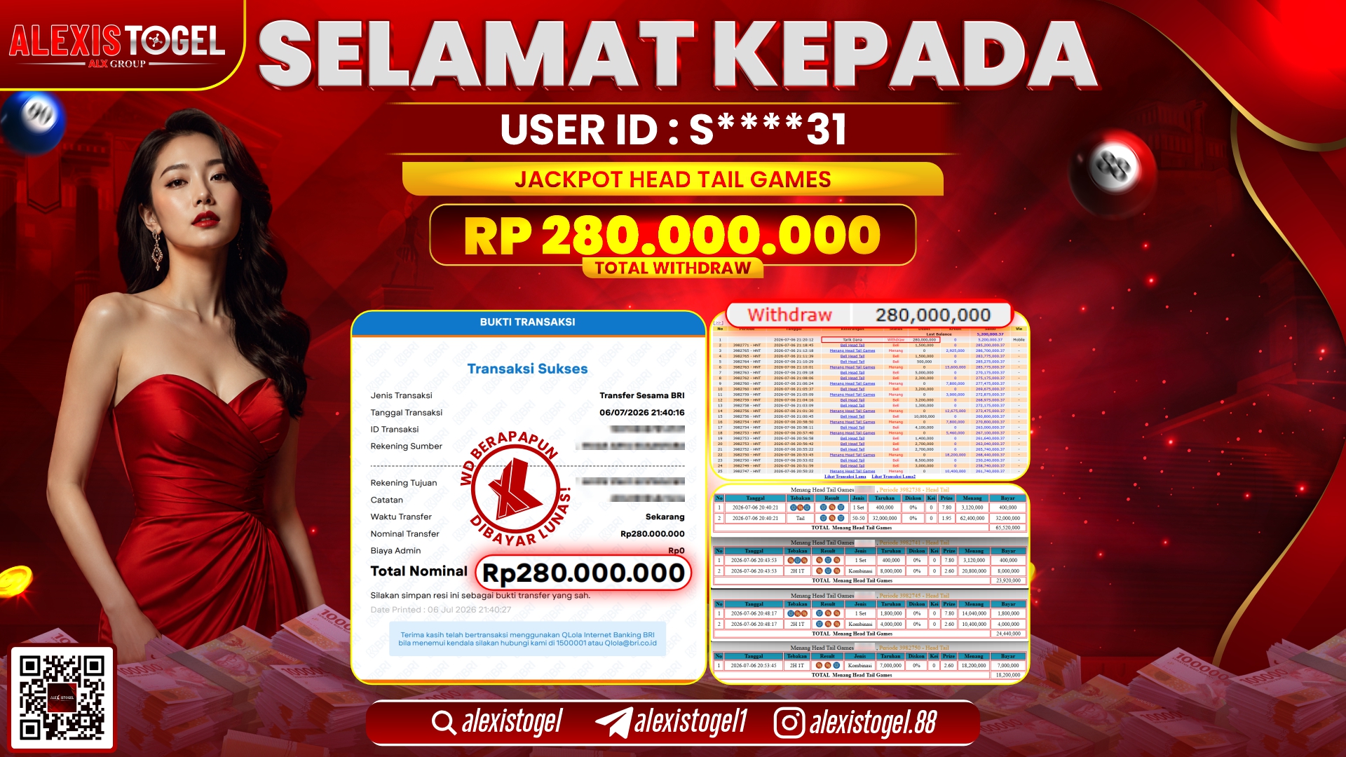 ALEXISTOGEL JACKPOT DI HEAD TAIL GAMES RP.280.000.000,- LUNAS