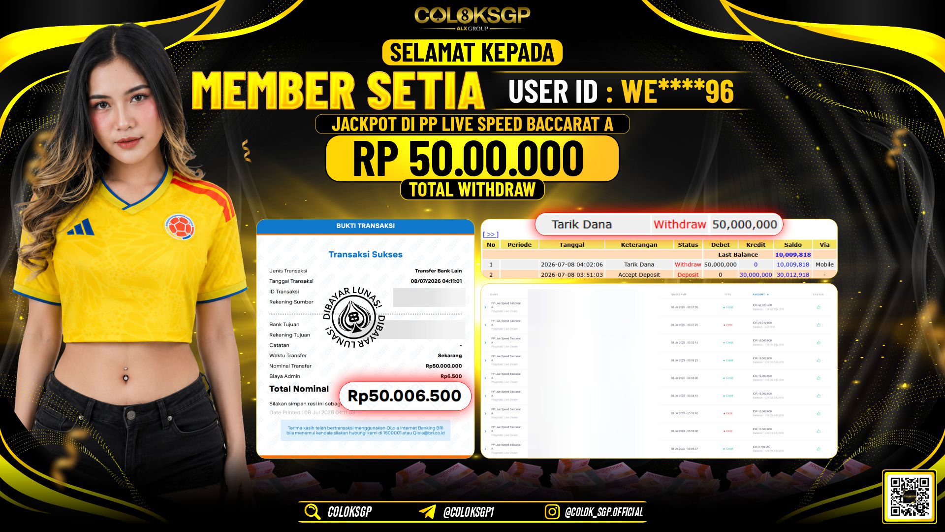 COLOKSGP JACKPOT PRAGMATIC LIVE DEALER - PP LIVE SPEED BACCARAT A RP50.000.000,- LUNAS