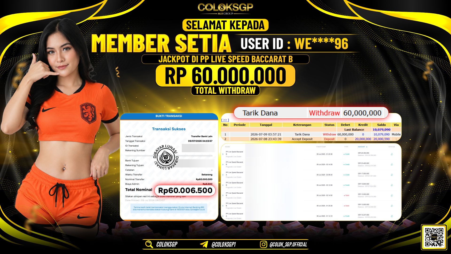 COLOKSGP JACKPOT PRAGMATIC LIVE DEALER - PP LIVE SPEED BACCARAT B RP60.000.000,- LUNAS