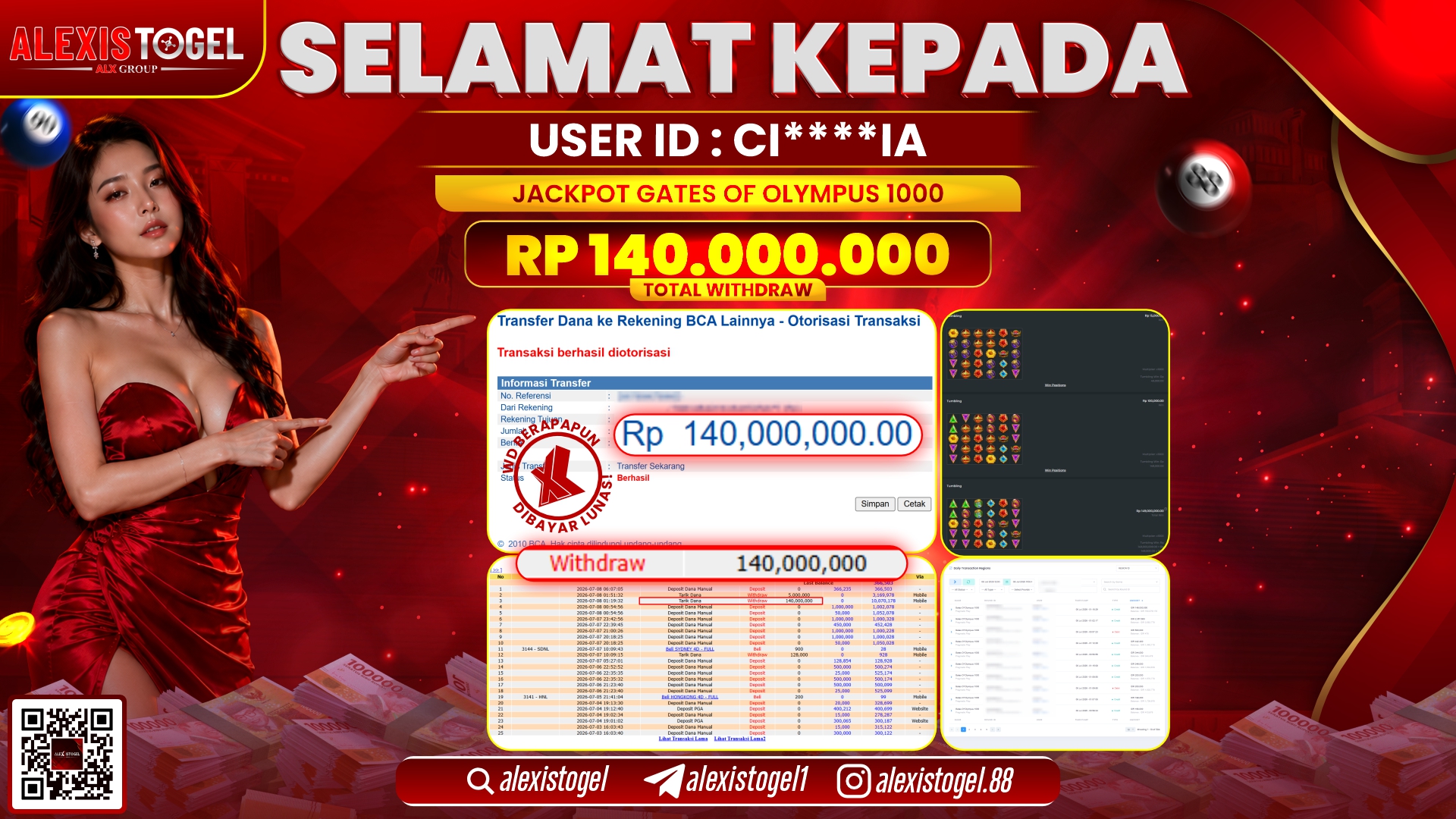 ALEXISTOGEL JACKPOT DI GATES OF OLYMPUS 1000 RP.140.000.000,- LUNAS