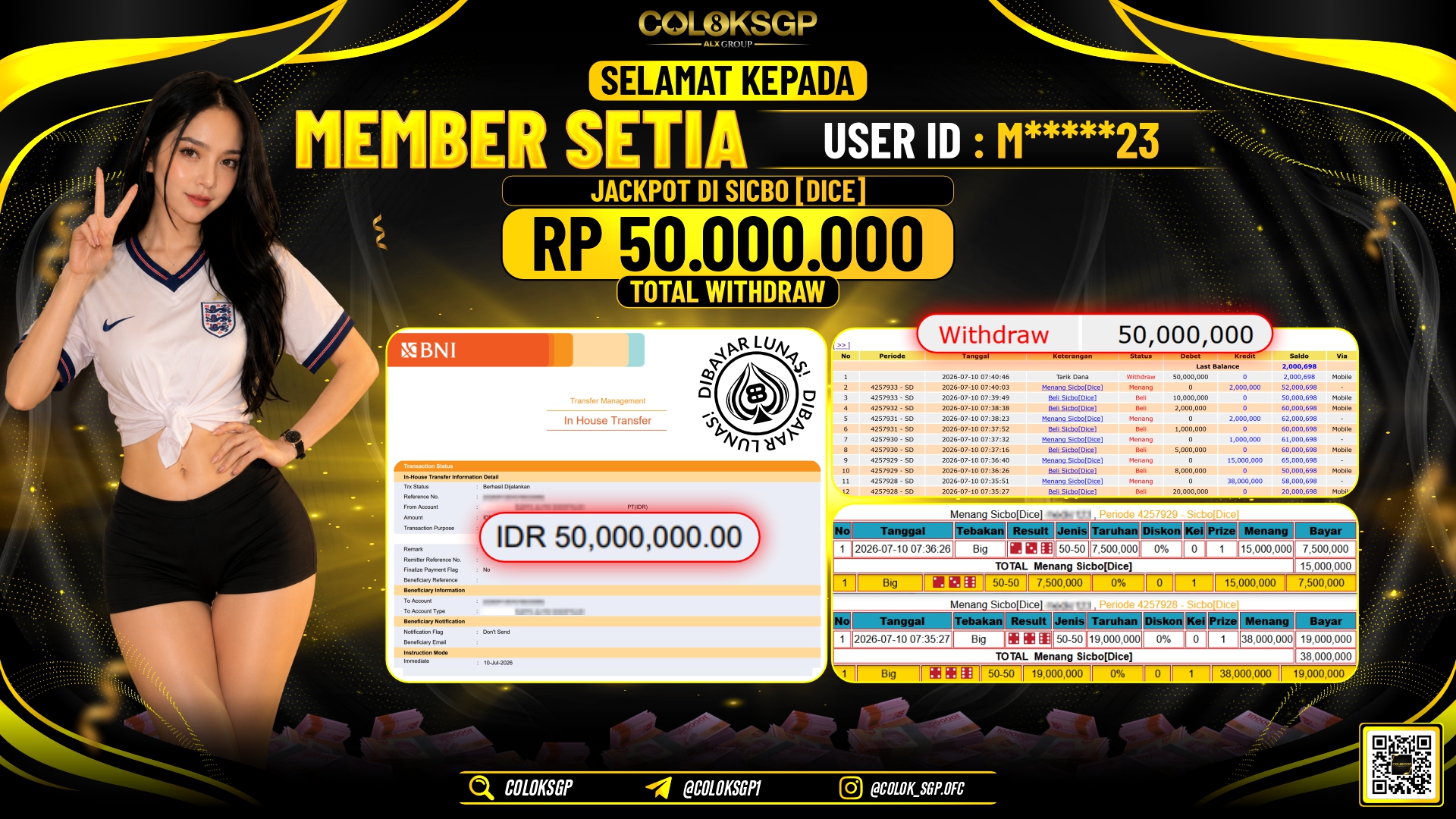 COLOKSGP JACKPOT IDNLIVE - SICBO [DICE]  RP50.000.000,- LUNAS