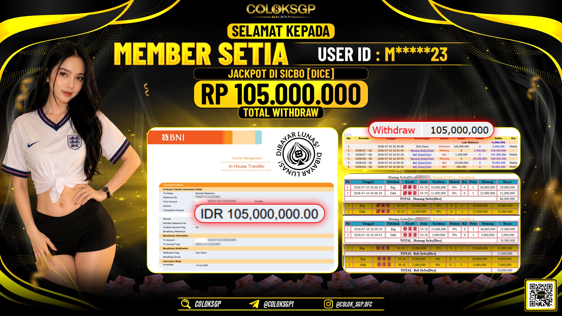 COLOKSGP JACKPOT IDNLIVE - SICBO DICE  RP105.000.000,- LUNAS