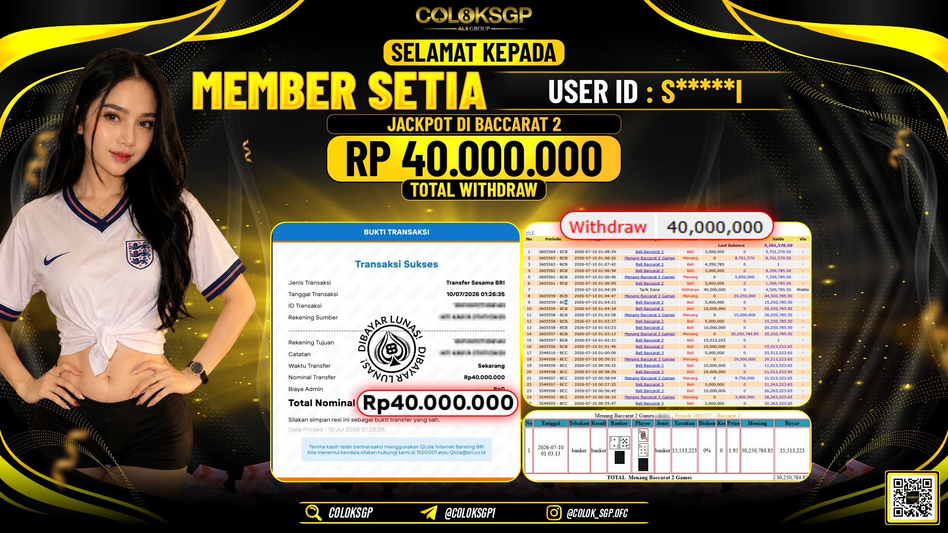 COLOKSGP JACKPOT IDNLIVE - BACCARAT 2  RP40.000.000,- LUNAS