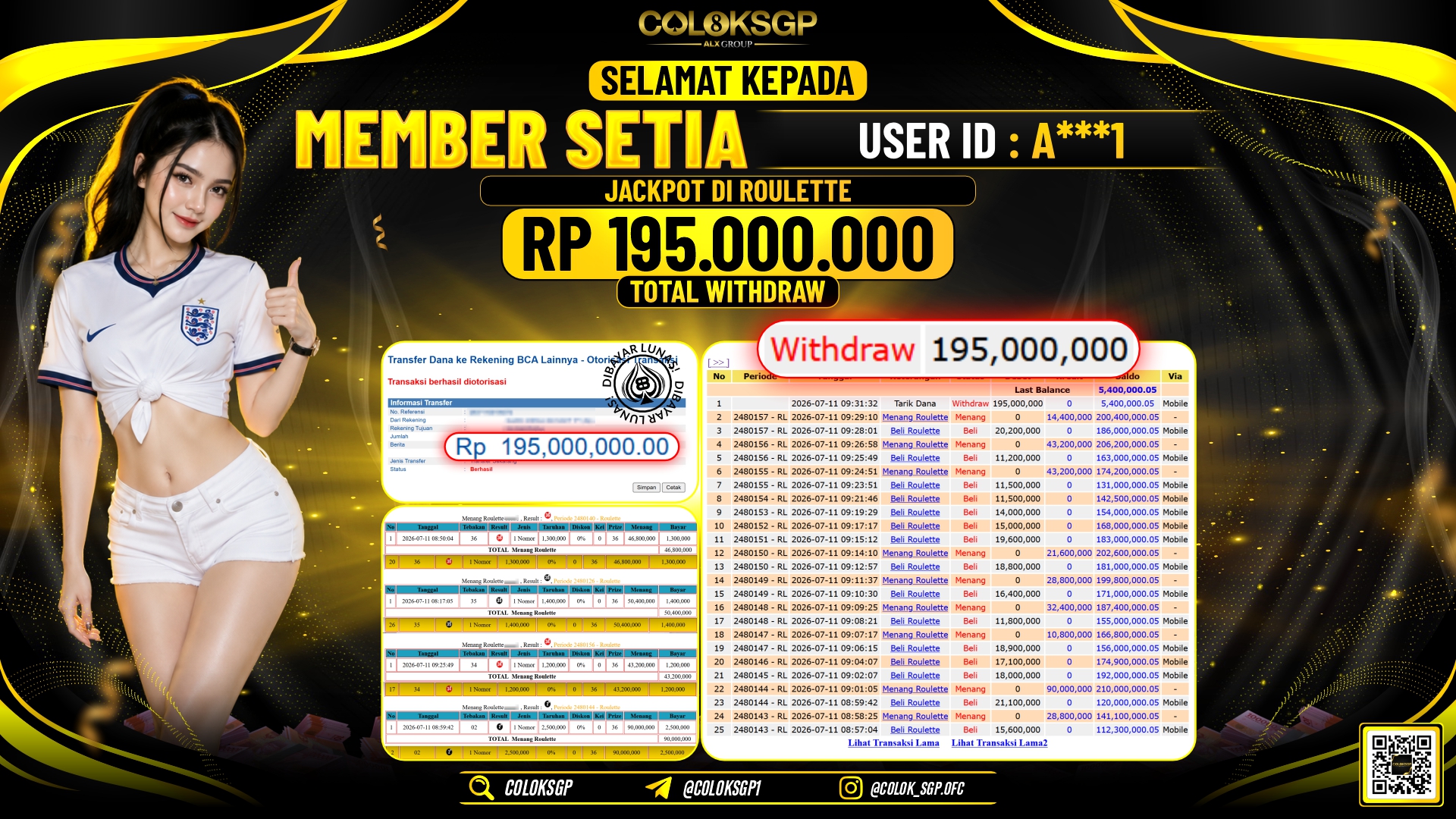 COLOKSGP JACKPOT IDNLIVE - ROULETTE RP195.000.000,- LUNAS