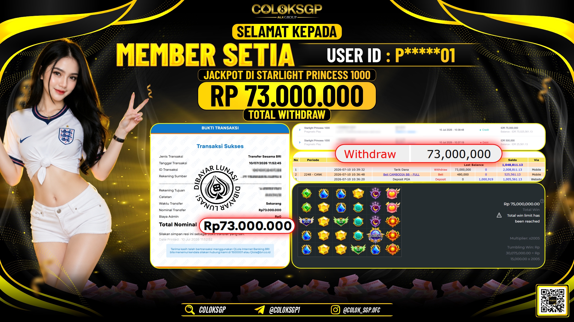 COLOKSGP JACKPOT PRAGMATIC PLAY - STARLIGHT PRINCESS 1000 RP73.000.000,- LUNAS