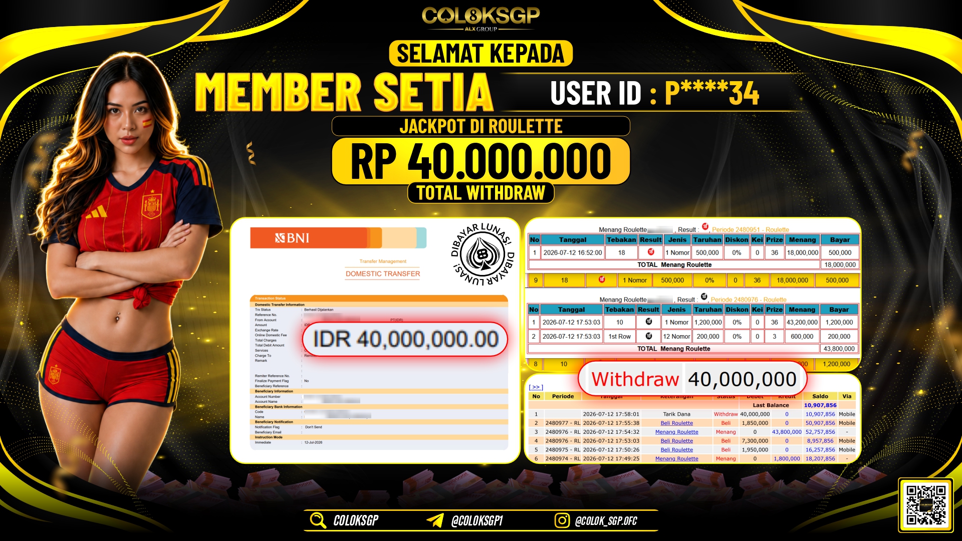 COLOKSGP JACKPOT IDNLIVE - ROULETTE RP40.000.000,- LUNAS