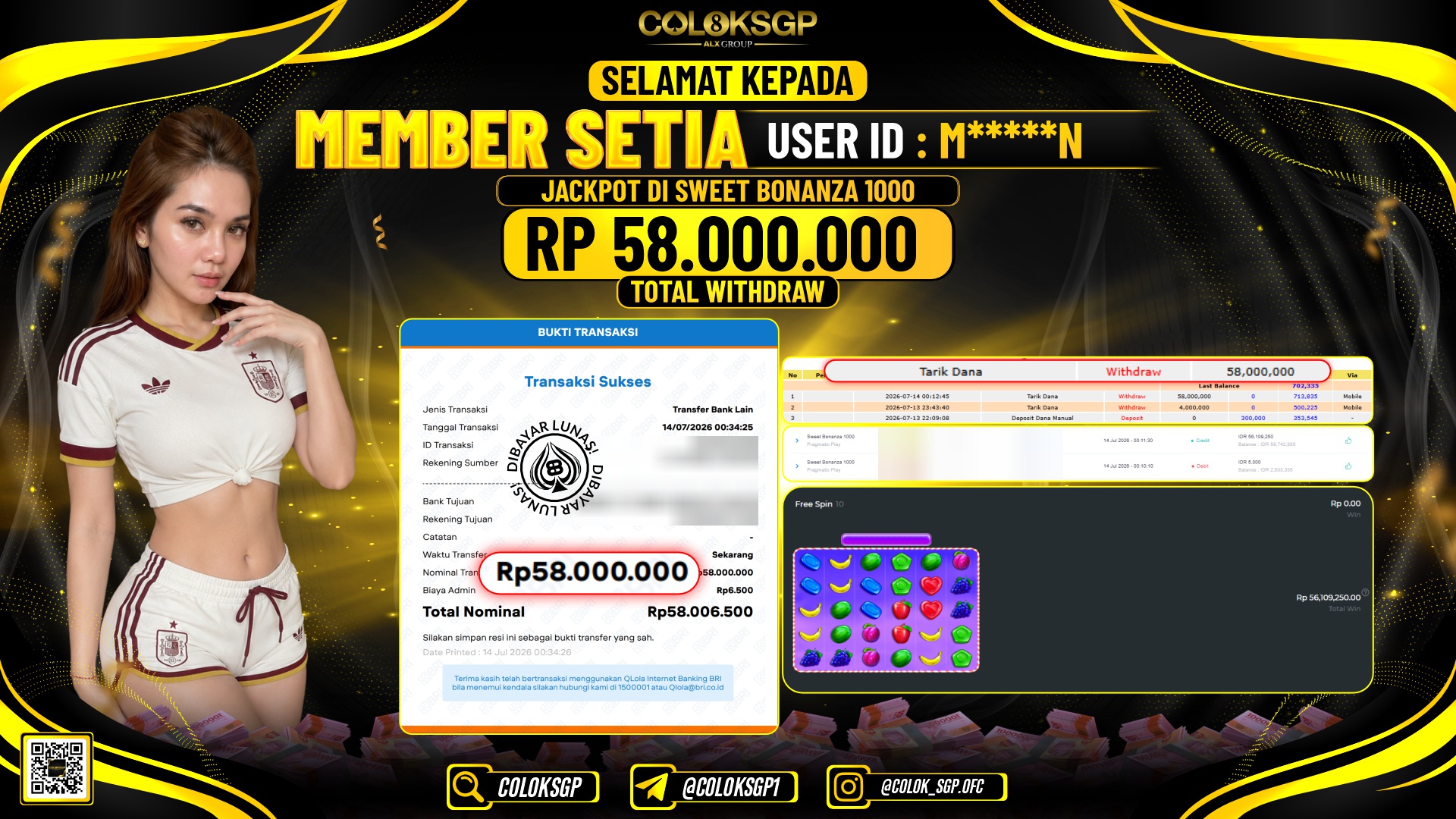 COLOKSGP JACKPOT PRAGMATIC PLAY - SWEET BONANZA 1000 RP58.000.000,- LUNAS