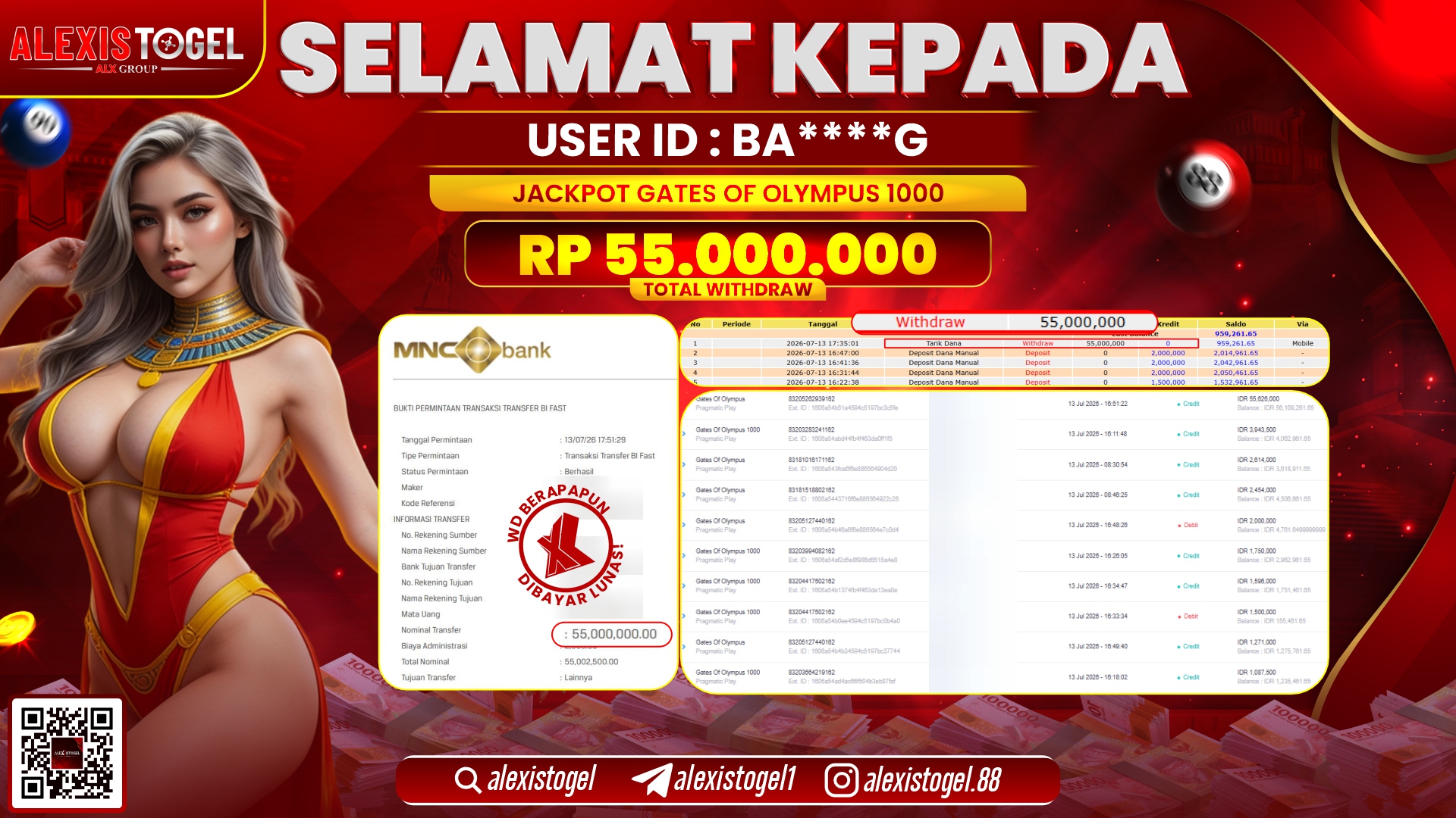 ALEXISTOGEL JACKPOT DI GATES OF OLYMPUS 1000 RP.55.000.000,- LUNAS