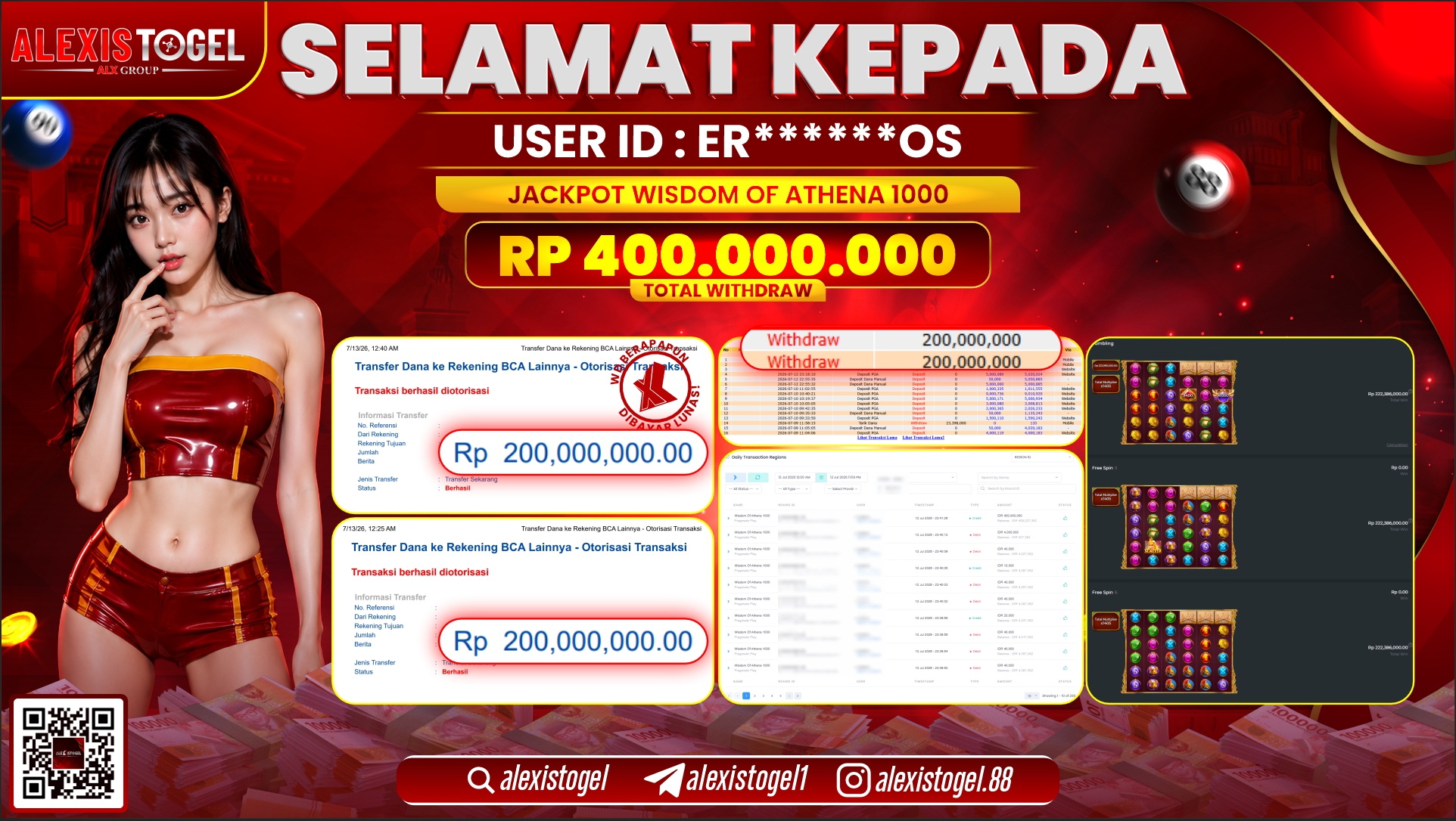ALEXISTOGEL JACKPOT DI WISDOM OF ATHENA 1000 RP.400.000.000,- LUNAS