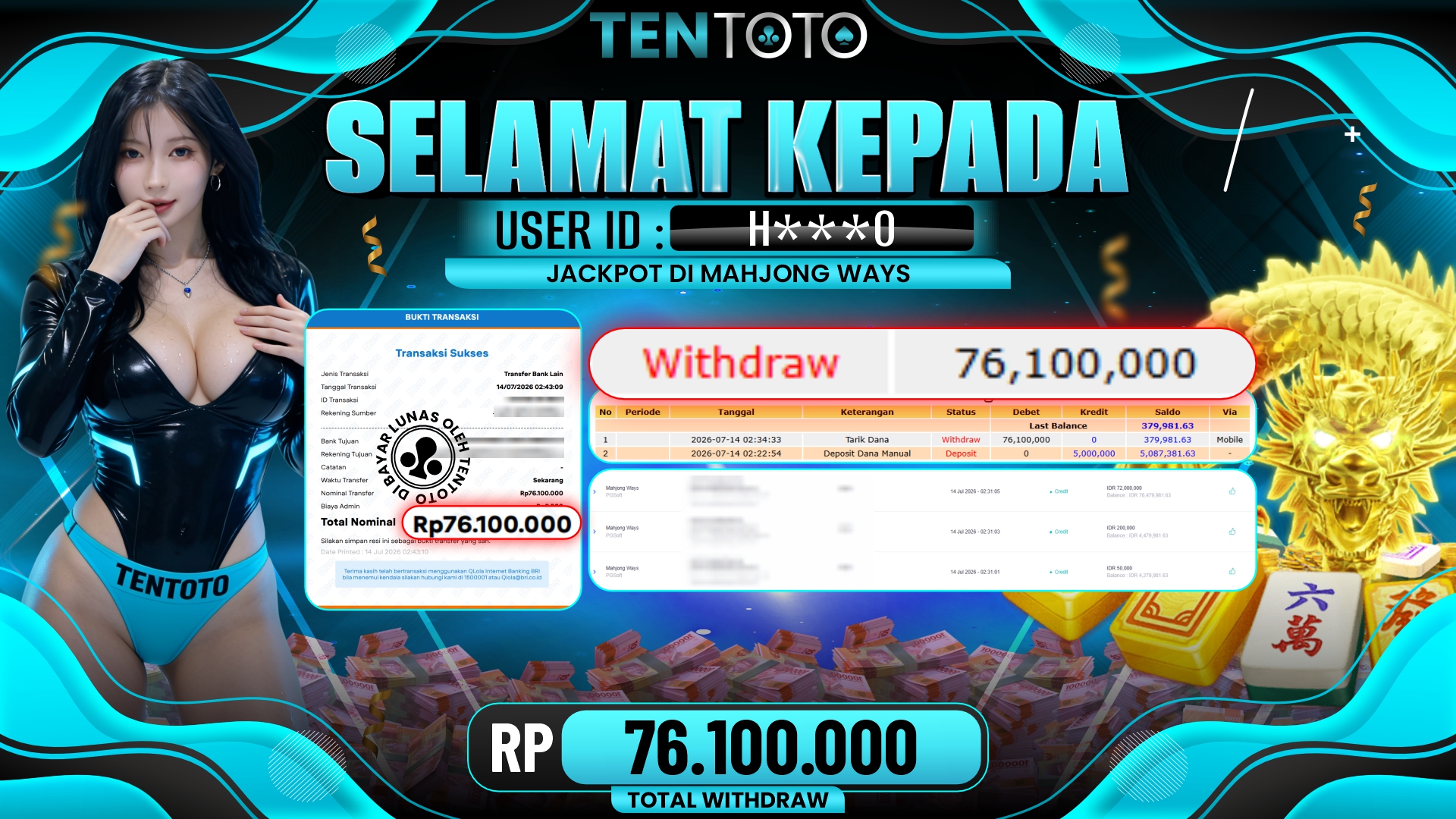 TENTOTO Mahjong Ways Rp. 76.100.000,- LUNAS
