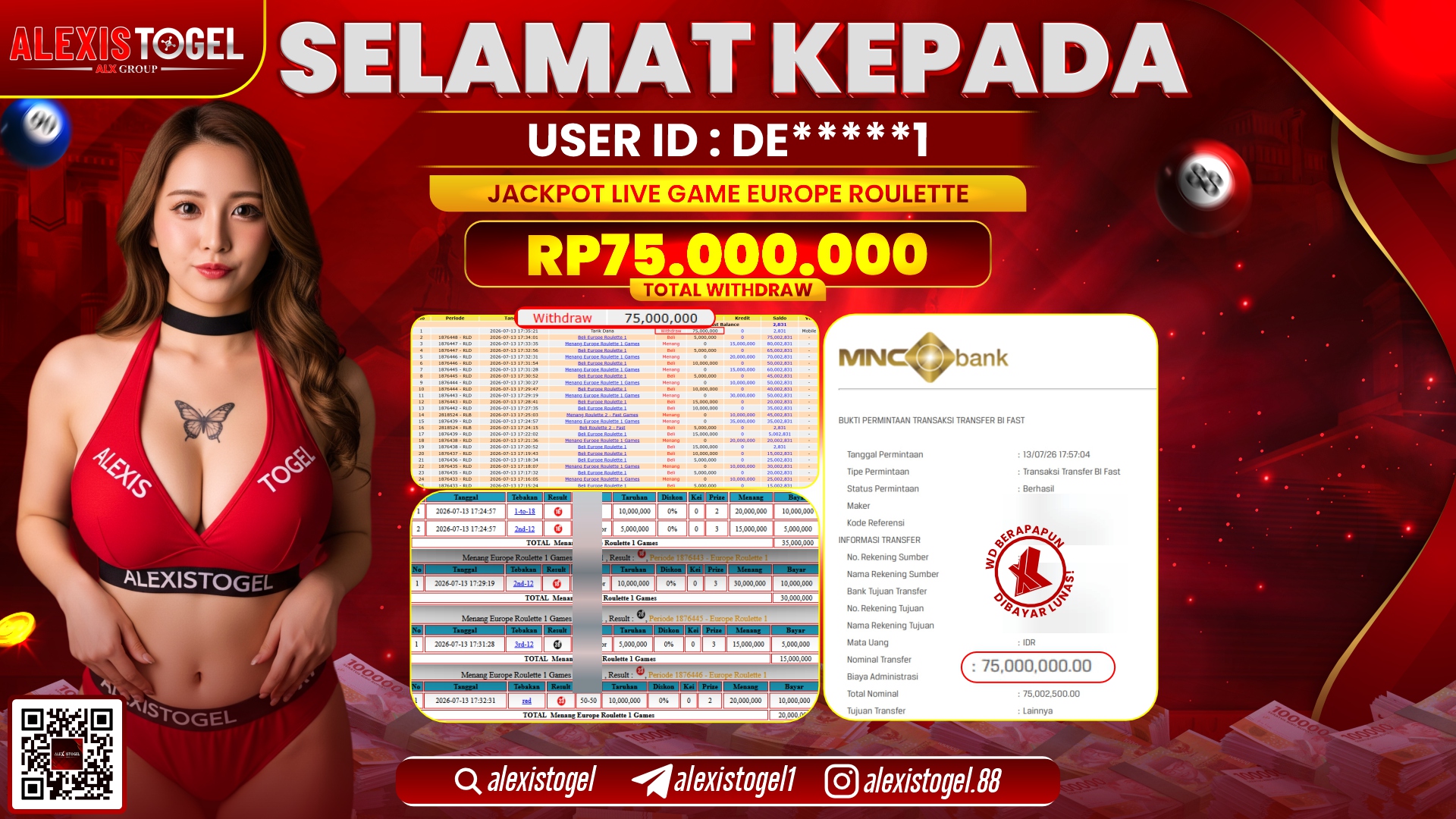 ALEXISTOGEL JACKPOT DI LIVE GAME EUROPE ROULETTE RP.75.000.000,- LUNAS