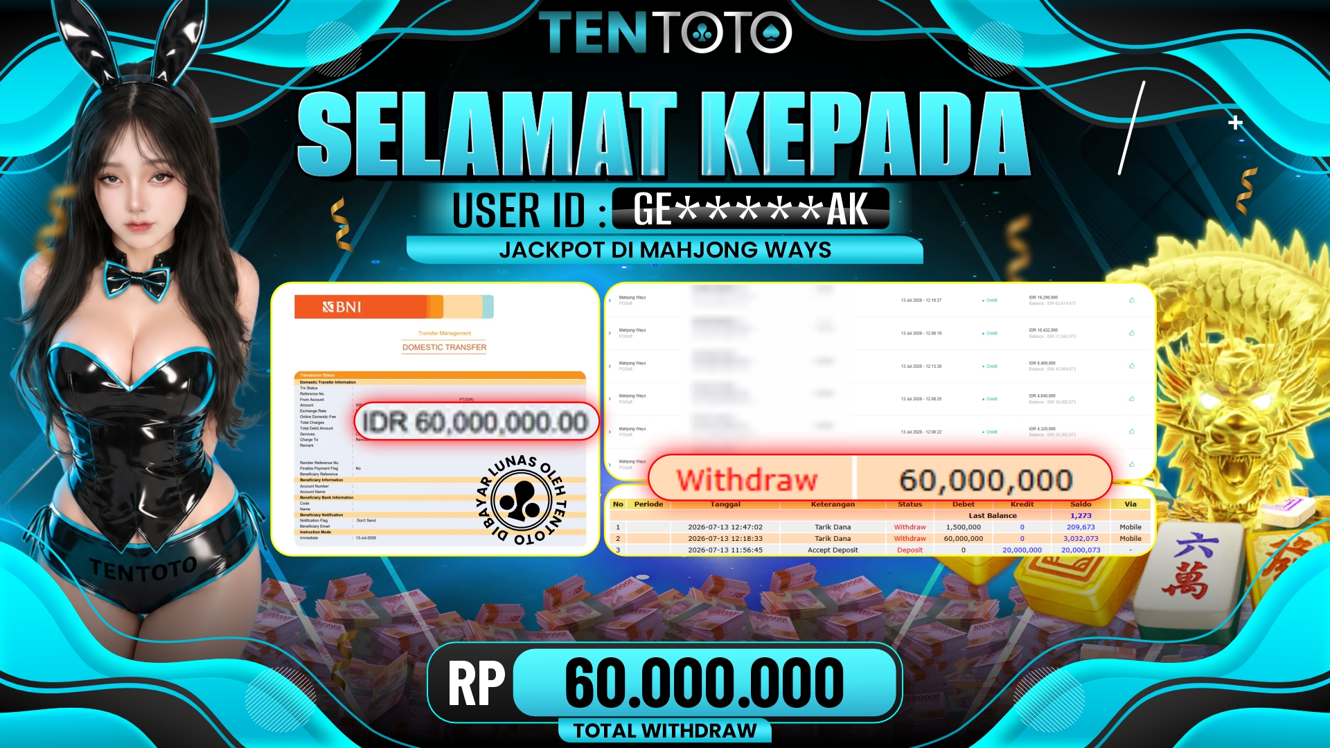 TENTOTO Mahjong Ways Rp. 60.000.000,- LUNAS
