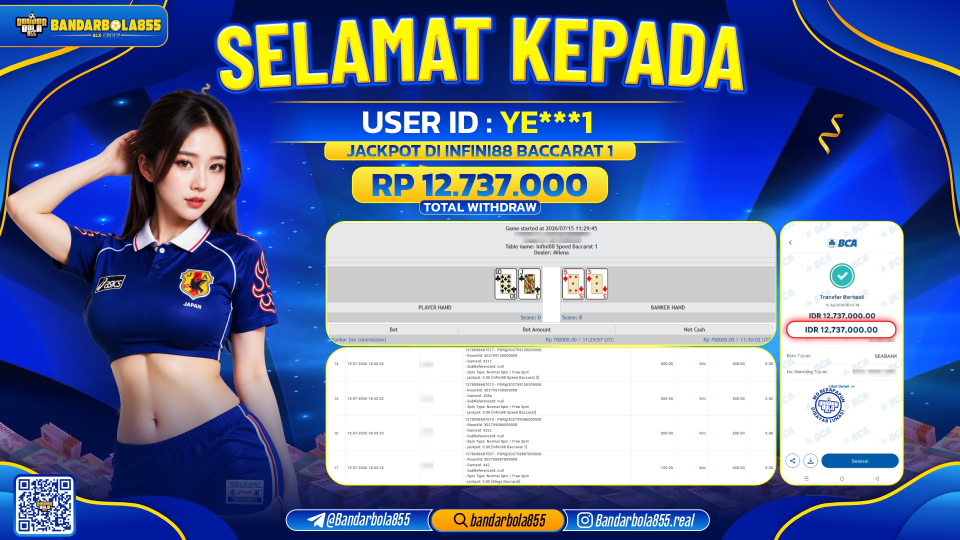 JACKPOT BANDARBOLA855 DI INFINI88 BACCARAT 1 Rp12.737.000, - LUNAS🎖