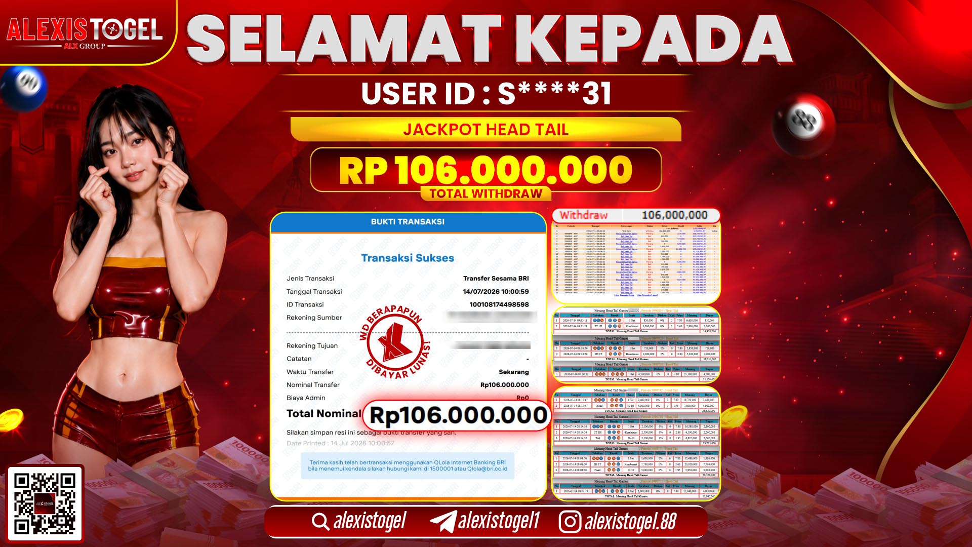 ALEXISTOGEL JACKPOT DI HEAD TAIL RP.106.000.000,- LUNAS