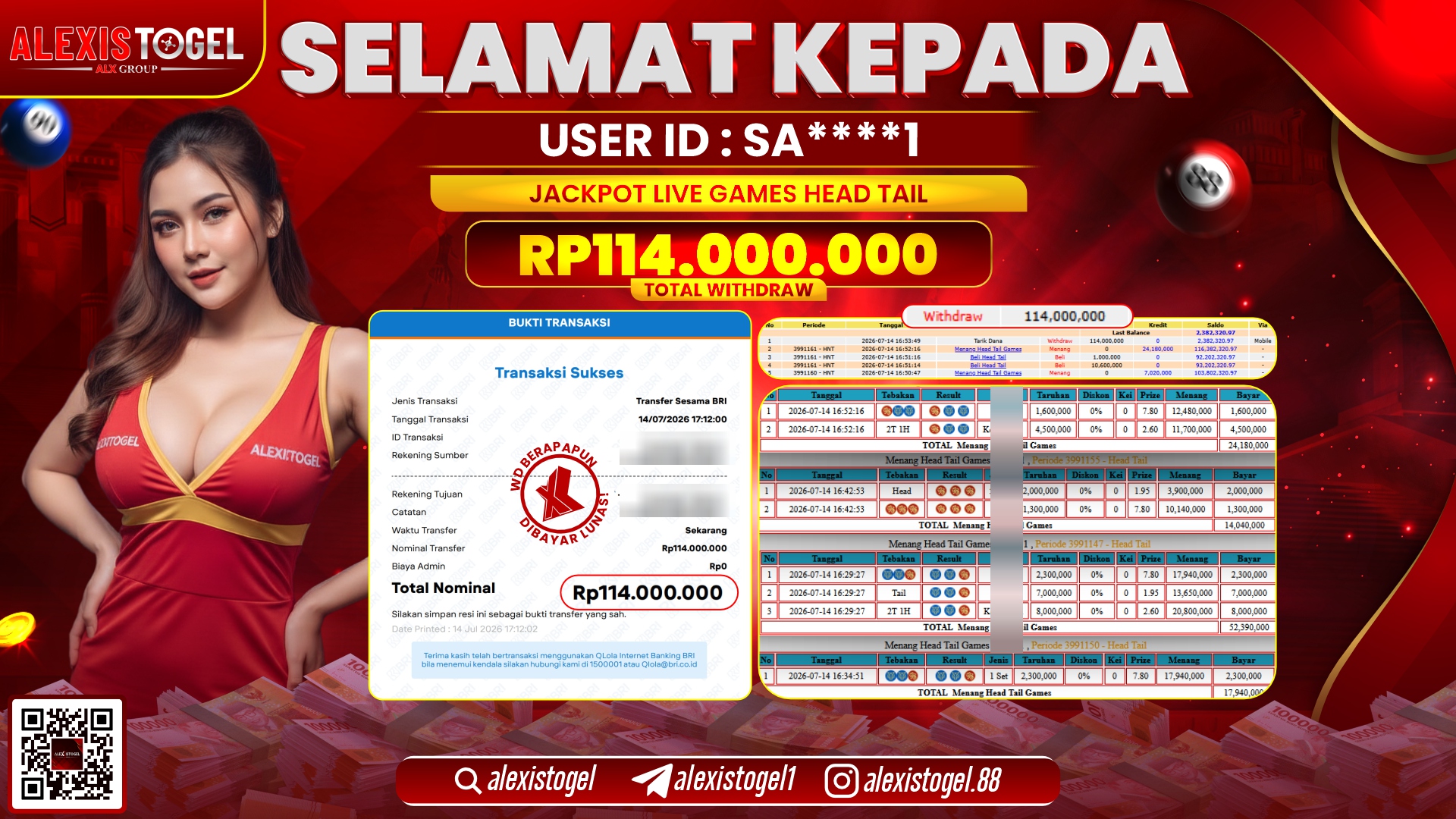 ALEXISTOGEL JACKPOT DI LIVE GAMES HEAD TAIL RP.114.000.000,- LUNAS