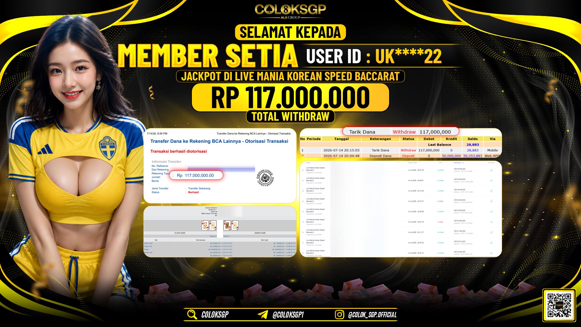 COLOKSGP JACKPOT PRAGMATIC LIVE DEALER - LIVE MANIA KOREAN SPEED BACCARAT RP117.000.000,- LUNAS