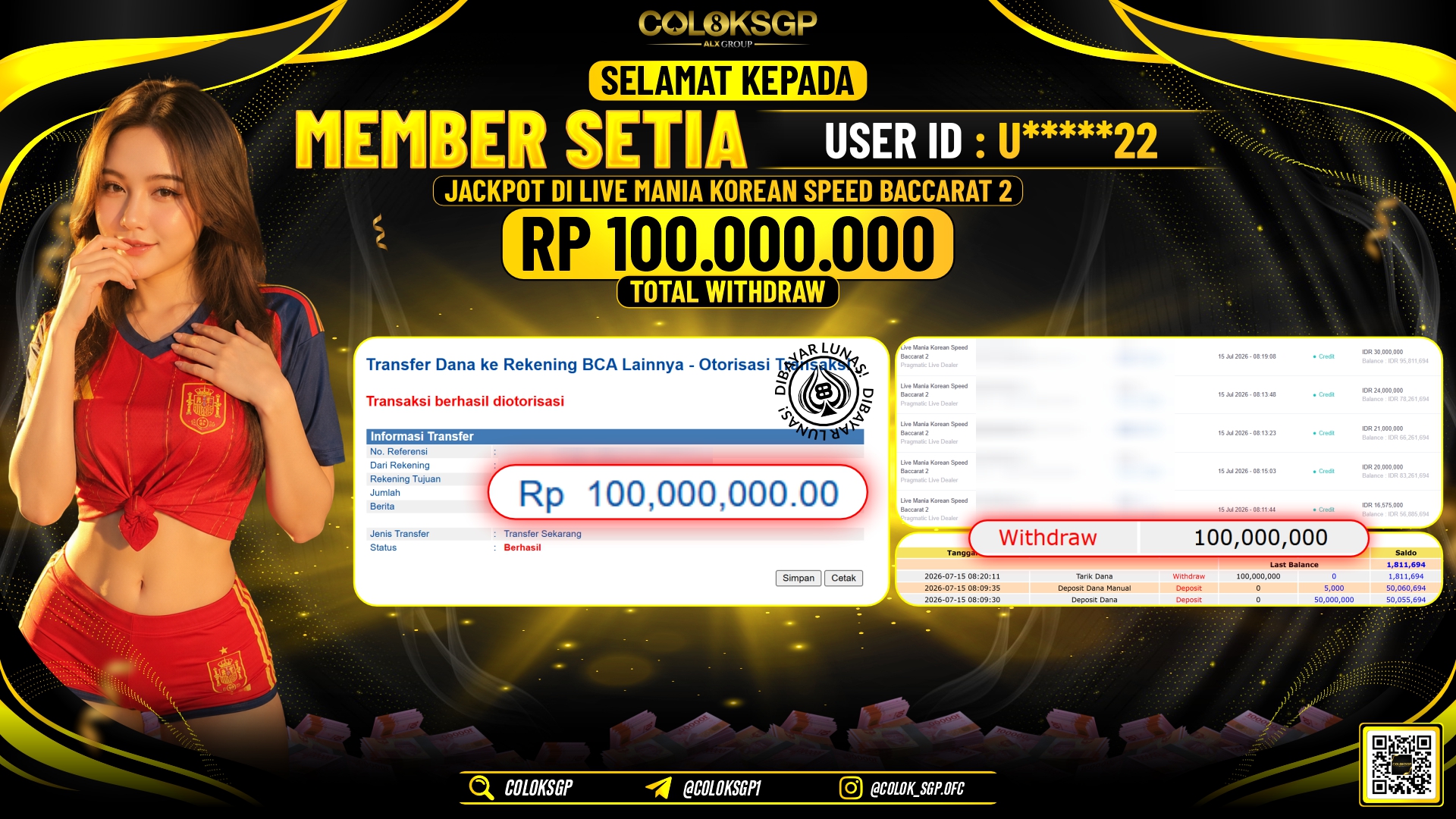 COLOKSGP JACKPOT PRAGMATIC LIVE DEALER - LIVE MANIA KOREAN SPEED BACCARAT 2 RP100.000.000,- LUNAS