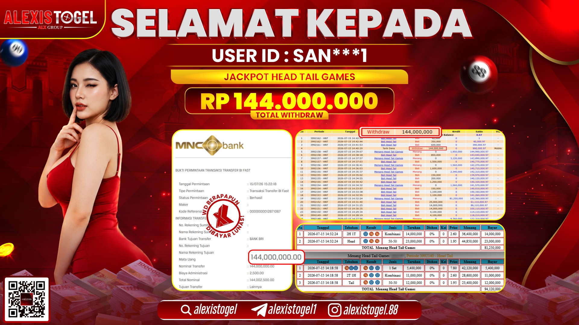 ALEXISTOGEL JACKPOT DI HEAD TAIL GAMES RP.144.000.000,- LUNAS