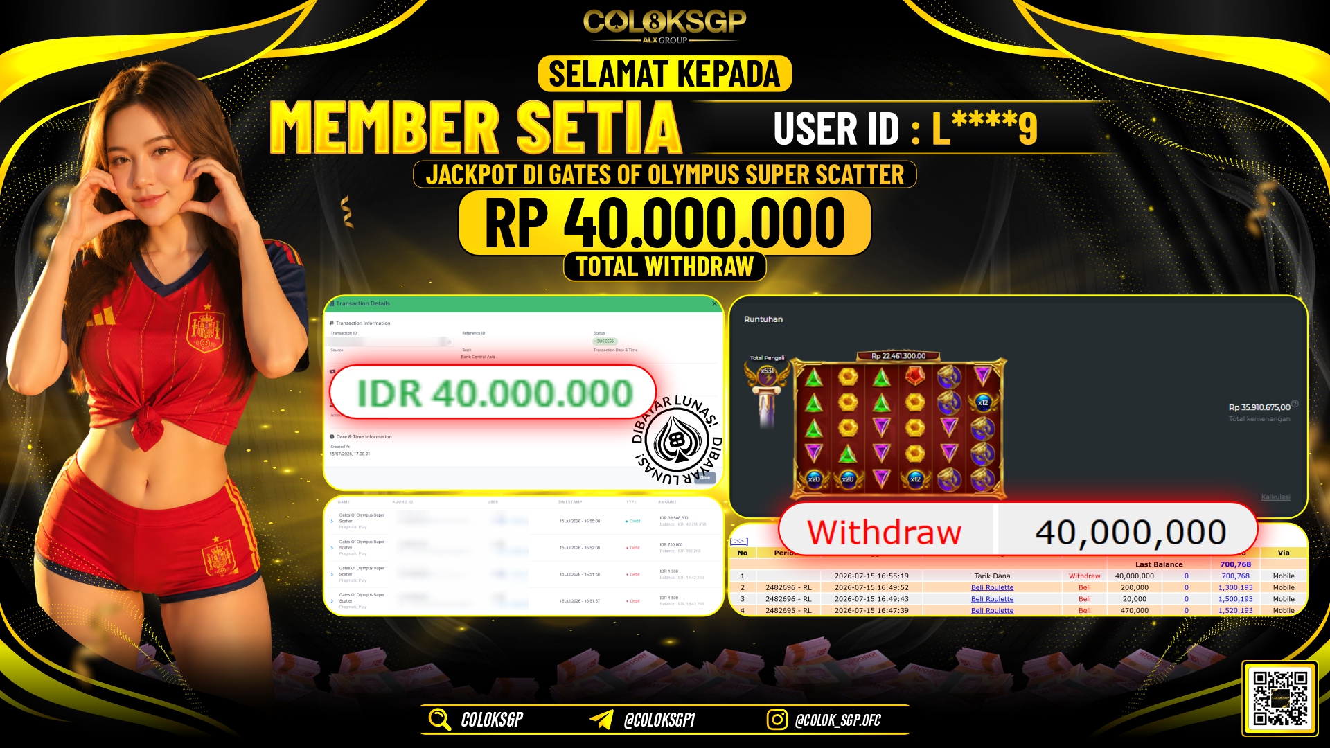 COLOKSGP JACKPOT PRAGMATIC PLAY - GATES OF OLYMPUS SUPER SCATTER RP40.000.000,- LUNAS