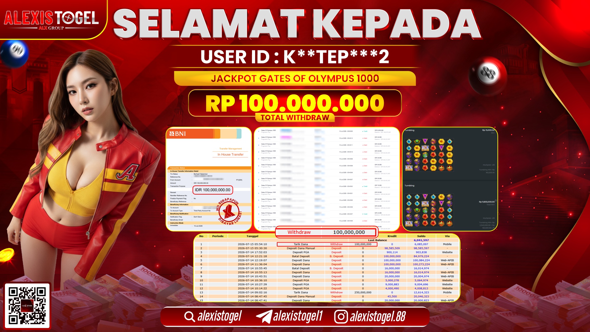 ALEXISTOGEL JACKPOT DI GATES OF OLYMPUS 1000 RP.100.000.000,- LUNAS