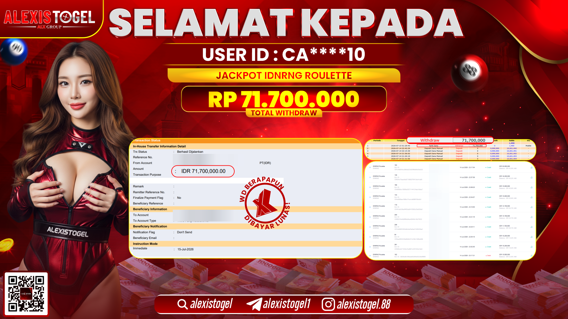 ALEXISTOGEL JACKPOT DI IDNRNG ROULETTE RP.71.700.000,- LUNAS