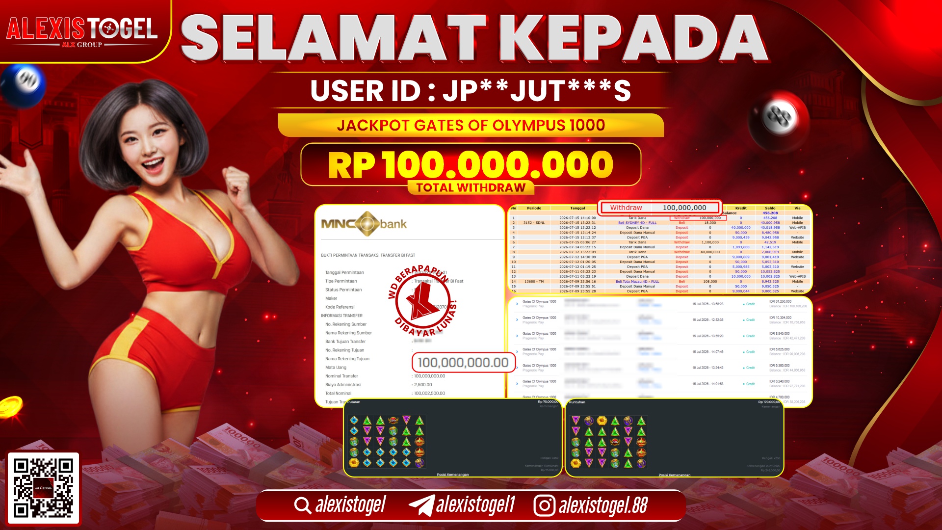 ALEXISTOGEL JACKPOT DI GATES OF OLYMPUS 1000 RP.100.000.000,- LUNAS