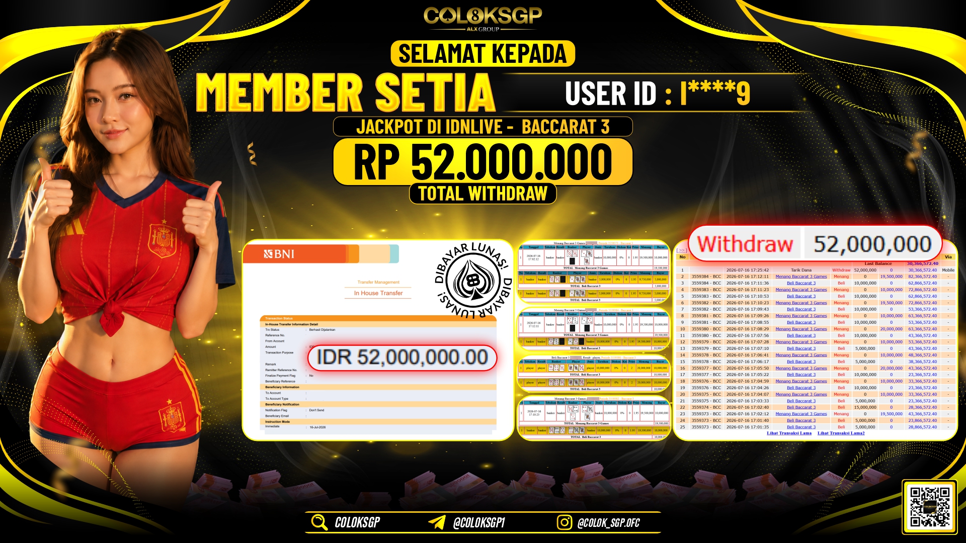 COLOKSGP JACKPOT IDNLIVE - BACCARAT 3 RP52.000.000,- LUNAS