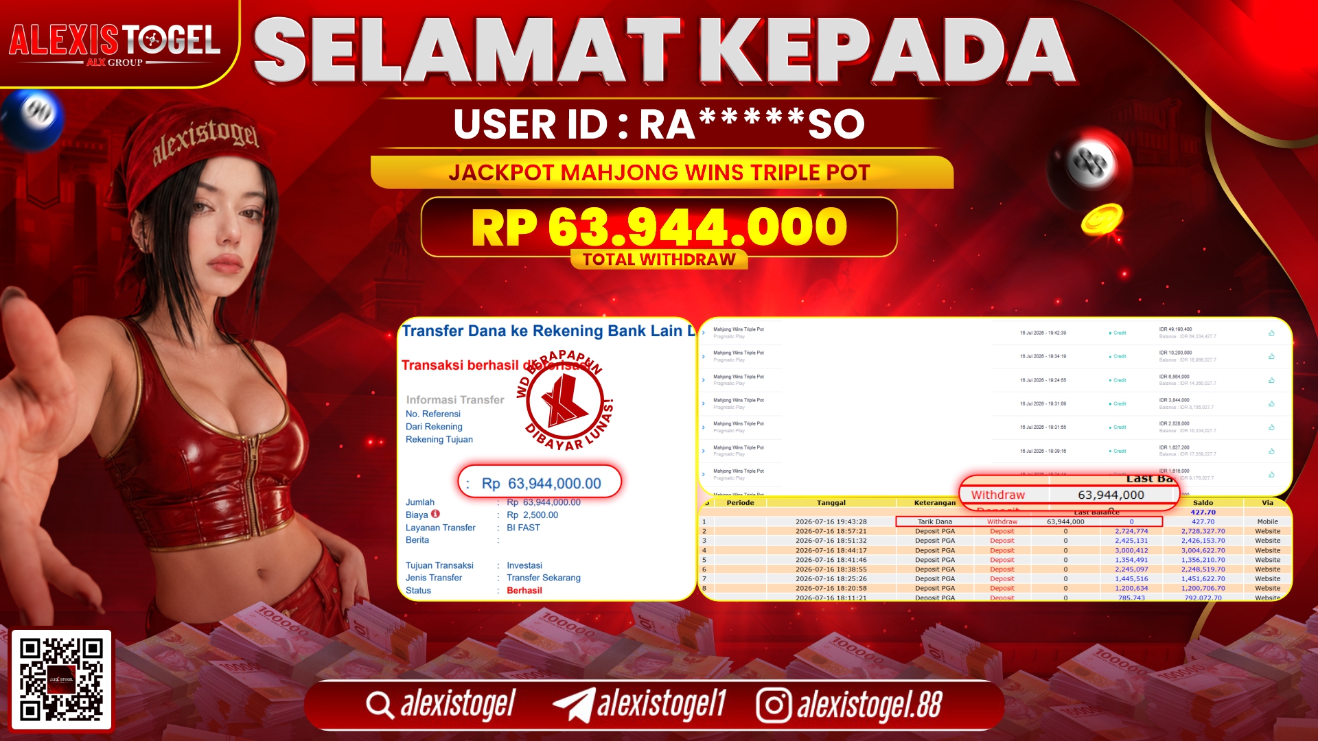 ALEXISTOGEL JACKPOT DI MAHJONG WINS TRIPLE POT RP.63.944.000,- LUNAS