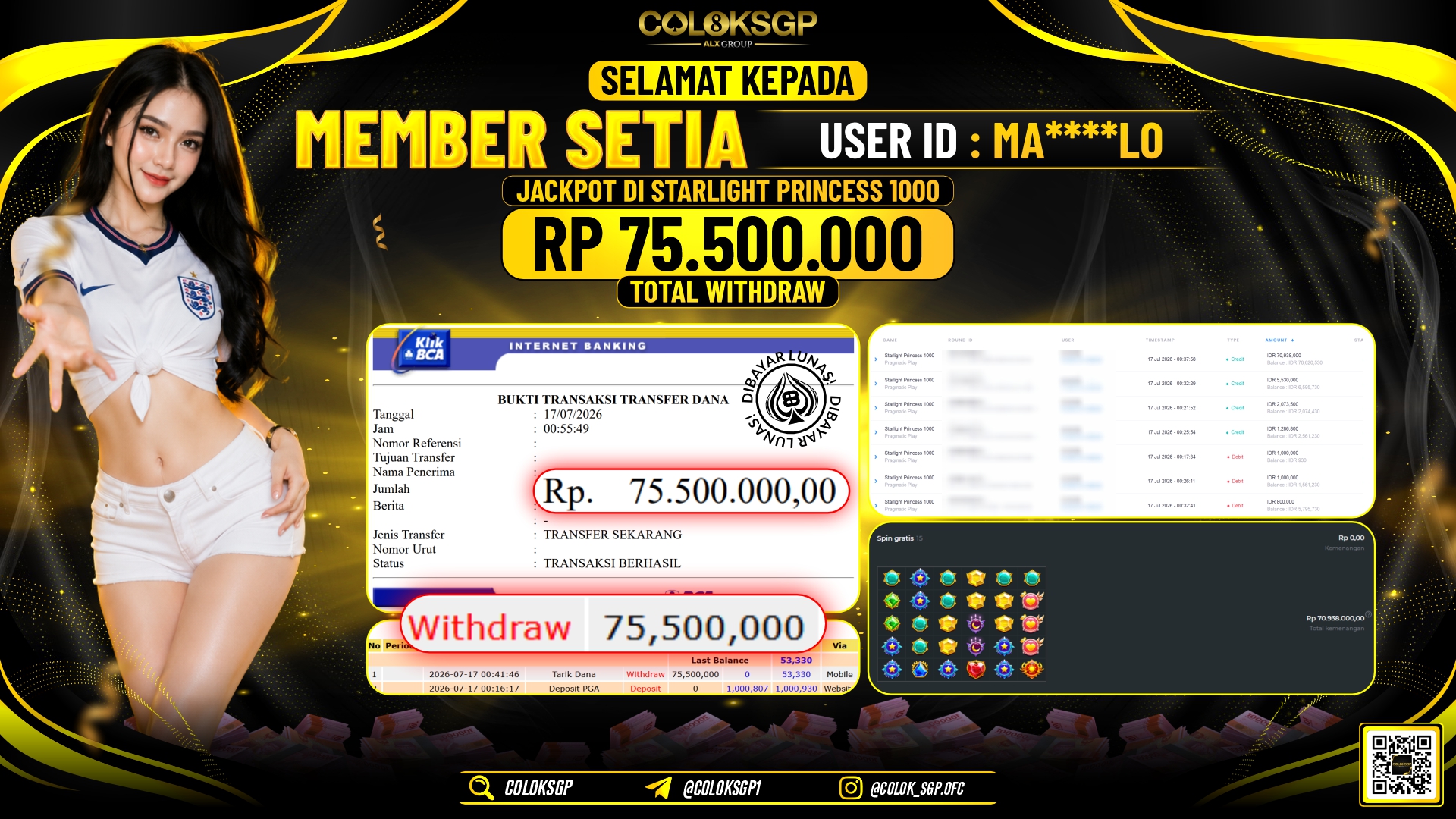 COLOKSGP JACKPOT PRAGMATIC PLAY - STARLIGHT PRINCESS 1000 RP75.500.000,- LUNAS