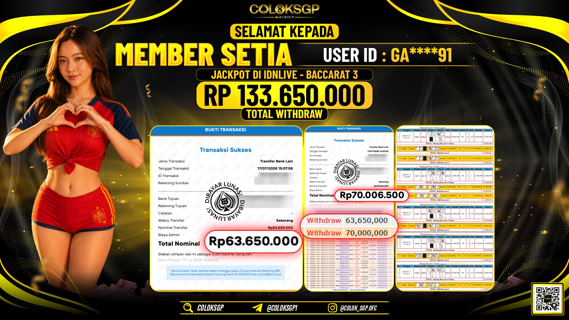 COLOKSGP JACKPOT IDNLIVE - BACCARAT 3 RP133.650.000,- LUNAS