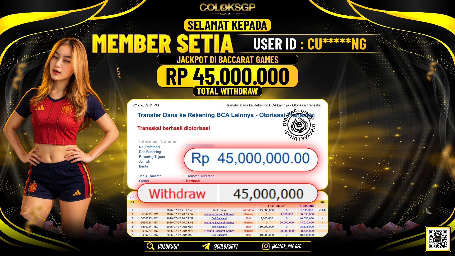 COLOKSGP JACKPOT IDNLIVE - BACCARAT RP45.000.000,- LUNAS