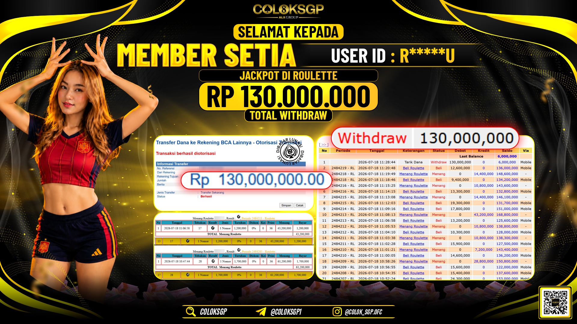COLOKSGP JACKPOT IDNLIVE - ROULETTE RP130.000.000,- LUNAS