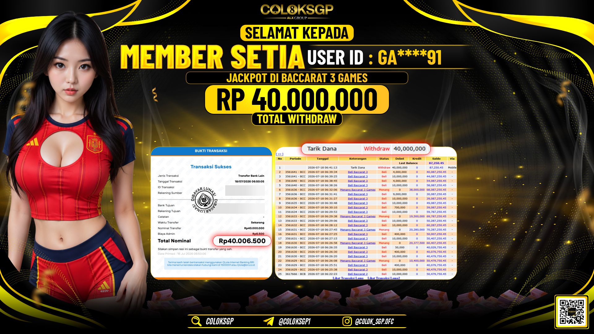 COLOKSGP JACKPOT IDNLIVE - BACCARAT 3 RP40.000.000,- LUNAS