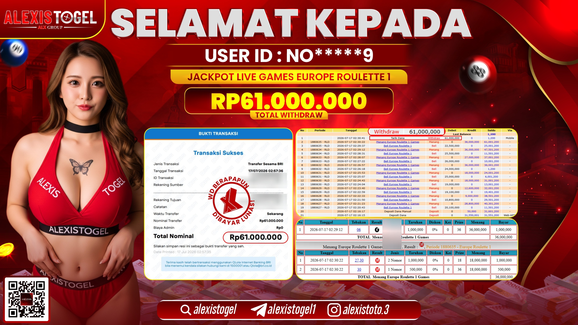 ALEXISTOGEL JACKPOT DI LIVE GAMES EUROPE ROULETTE 1 RP.61.000.000,- LUNAS