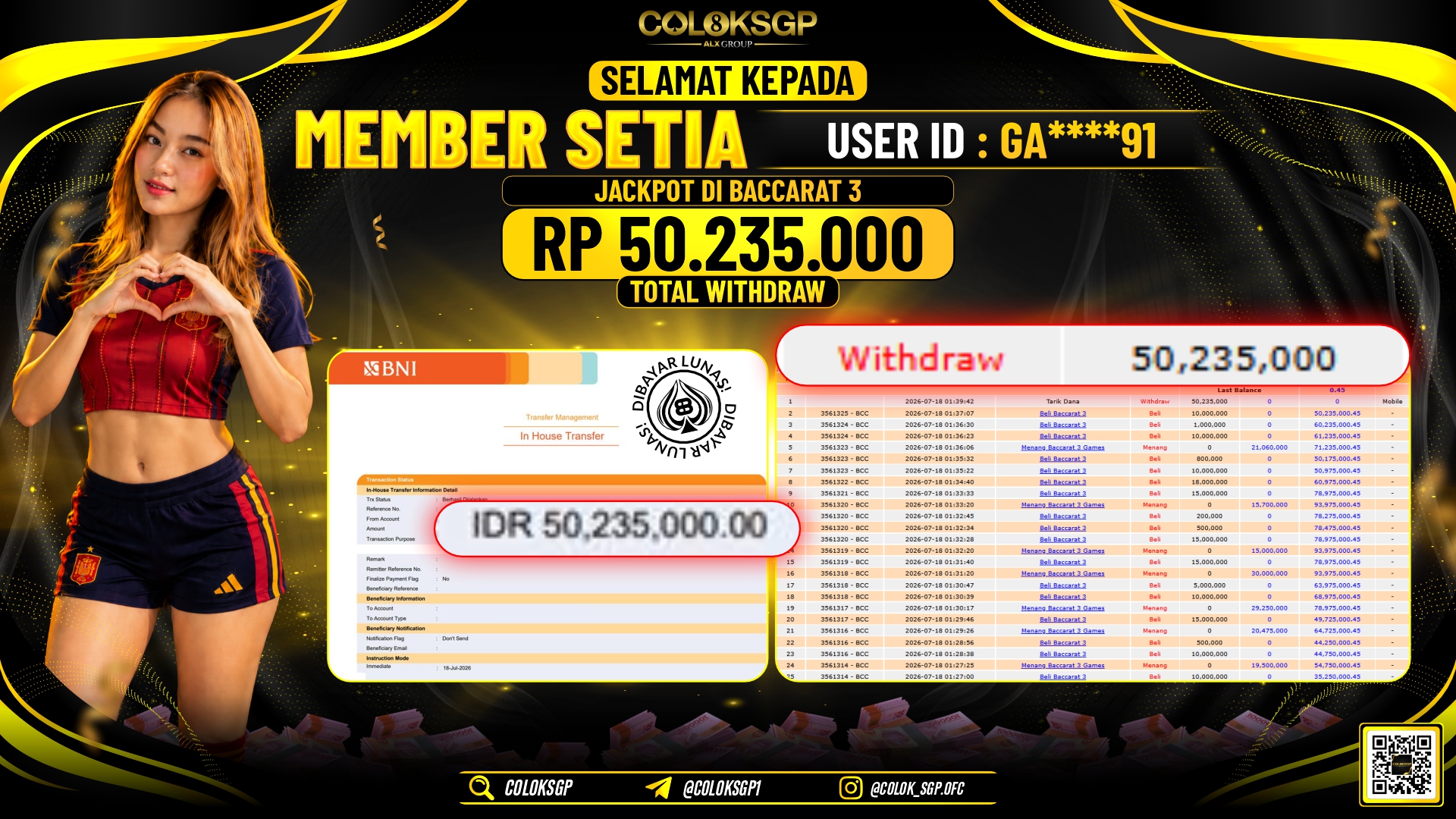 COLOKSGP JACKPOT IDNLIVE - BACCARAT 3 RP50.235.000,- LUNAS