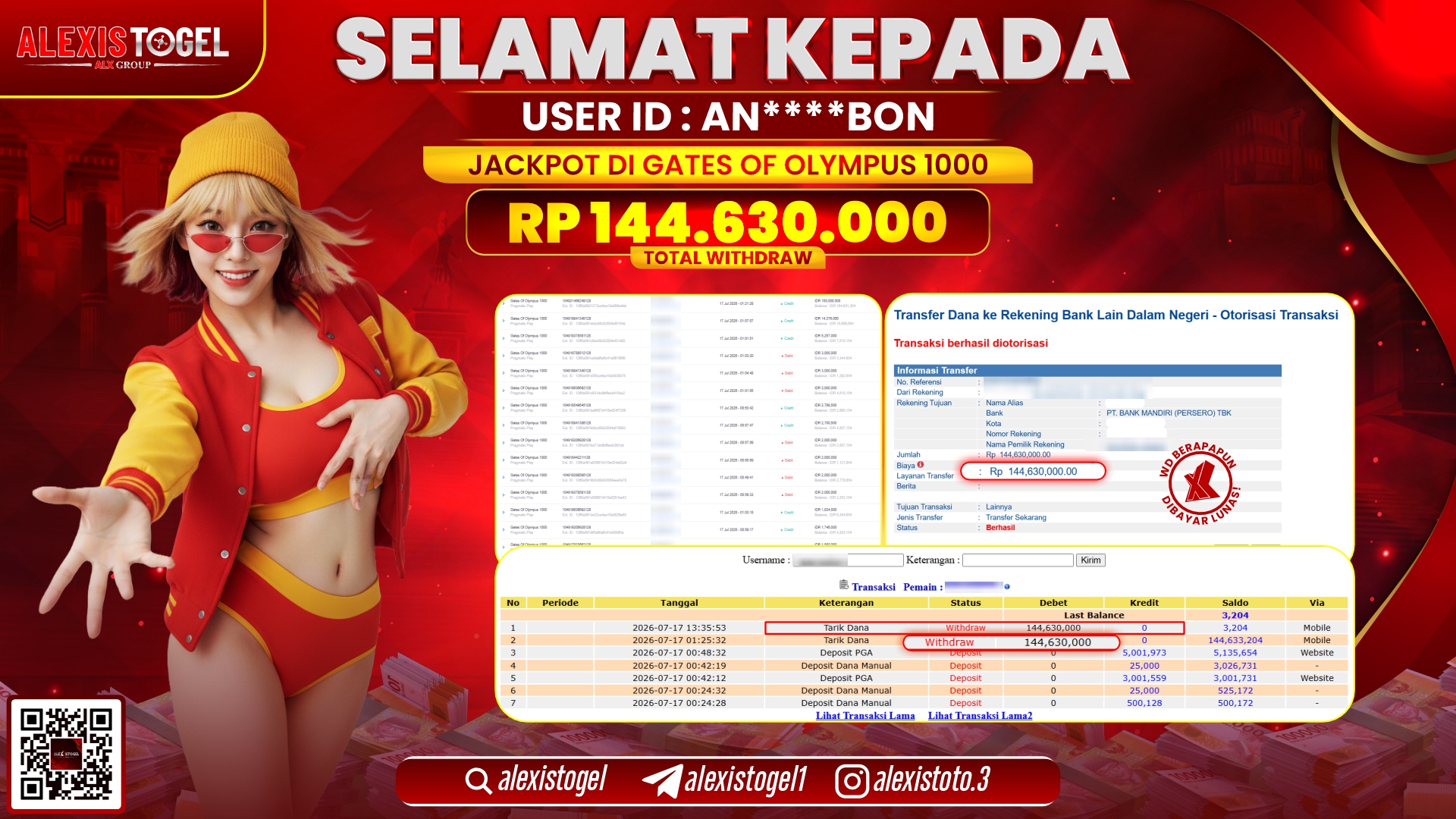 ALEXISTOGEL JACKPOT DI GATES OF OLYMPUS 1000 RP.144.630.000,- LUNAS