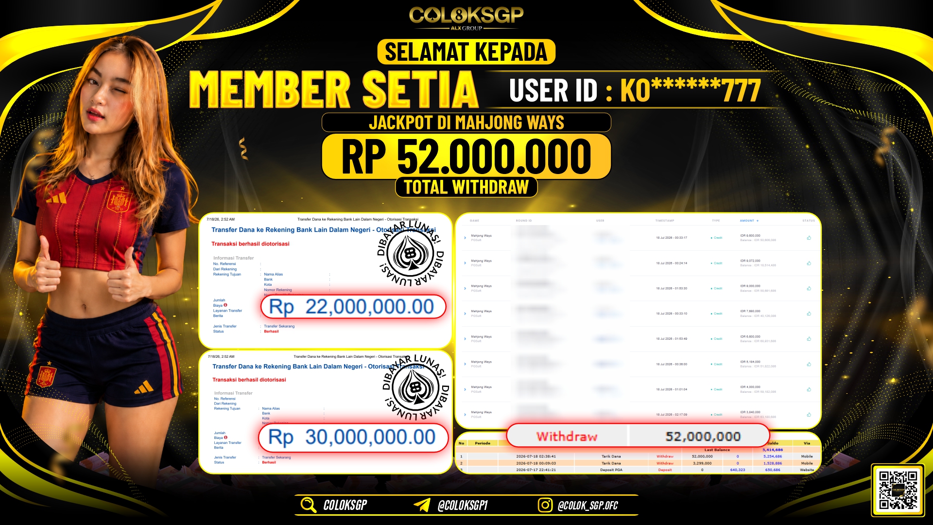 COLOKSGP JACKPOT PGSOFT - MAHJONG WAYS RP52.000.000,- LUNAS