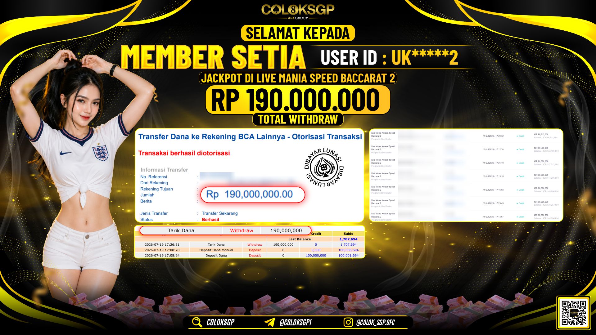 COLOKSGP JACKPOT PRAGMATIC LIVE DEALER - LIVE MANIA SPEED BACCARAT 2 RP190.000.000,- LUNAS