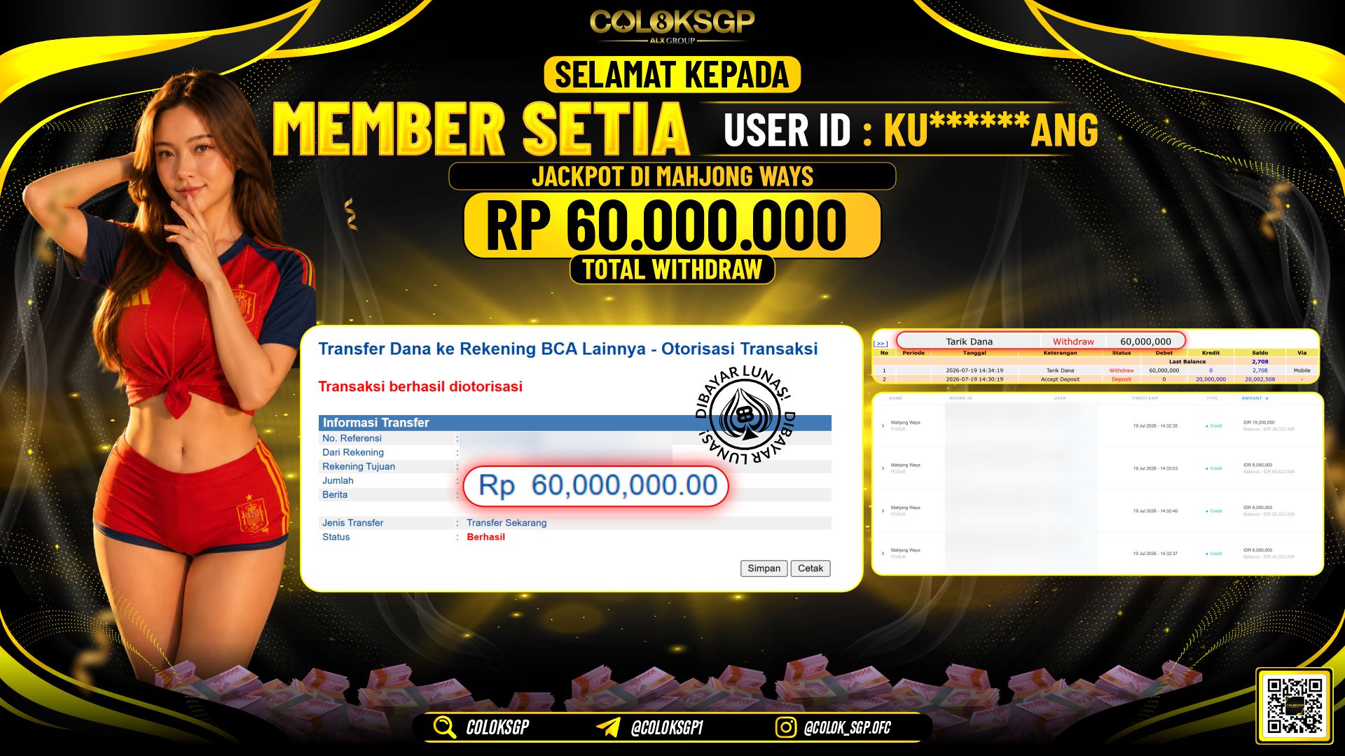 COLOKSGP JACKPOT PGSOFT - MAHJONG WAYS RP60.000.000,- LUNAS