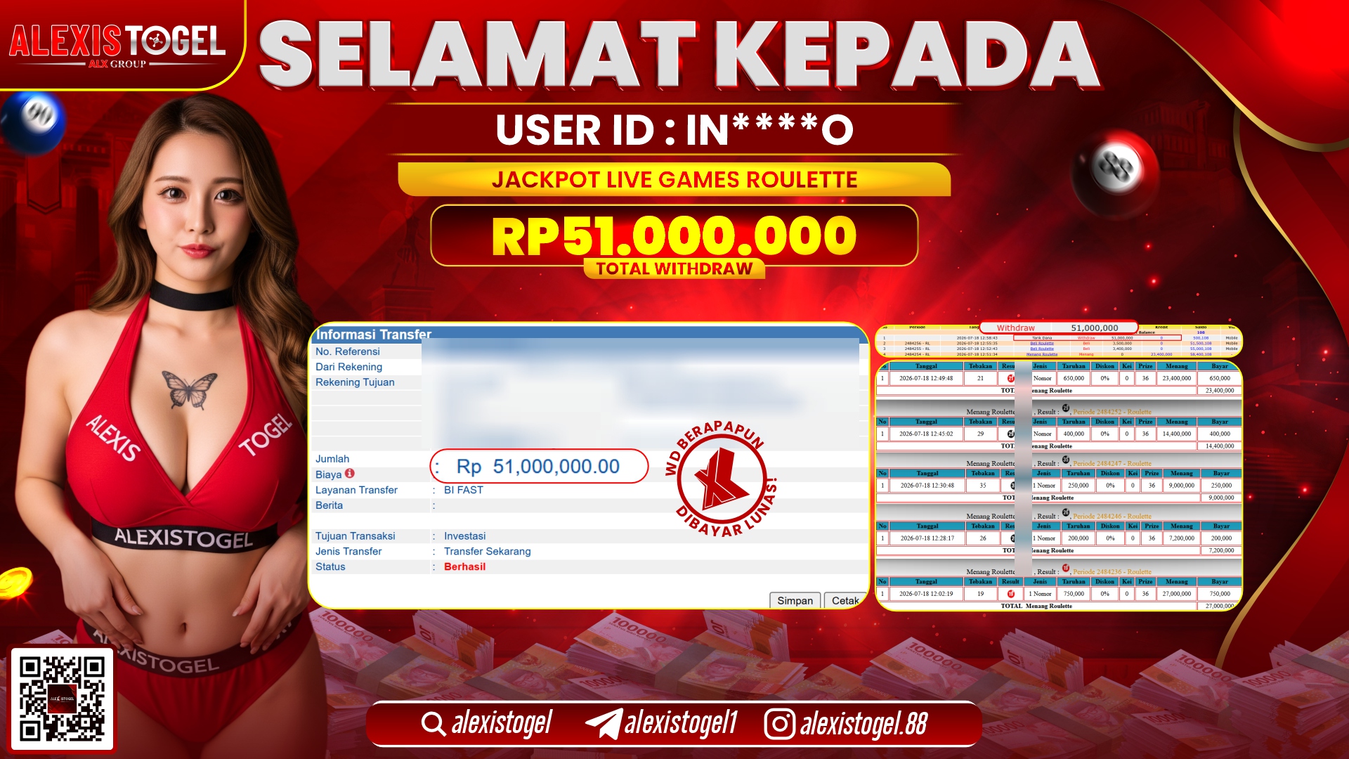 ALEXISTOGEL JACKPOT DI LIVE GAME ROULETTE RP.51.000.000,- LUNAS