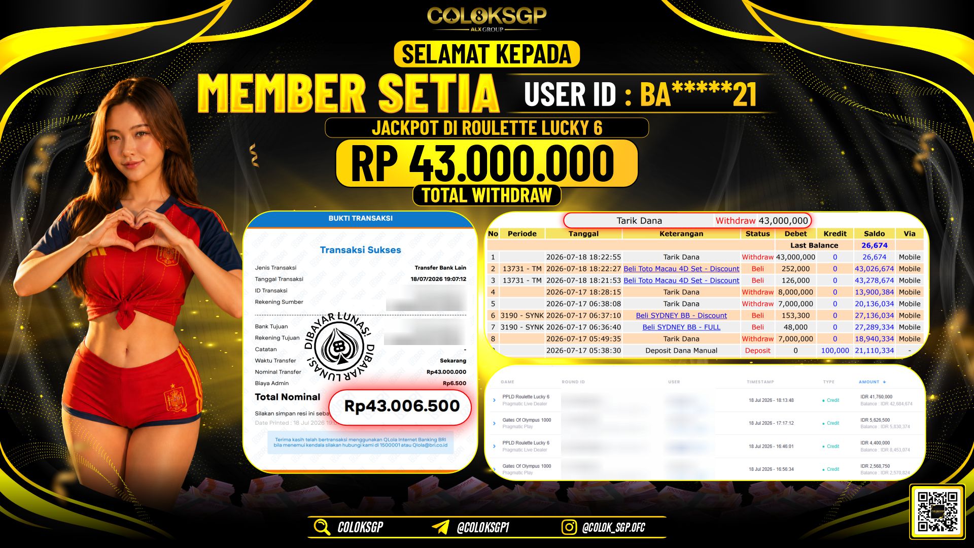 COLOKSGP JACKPOT PRAGMATIC LIVE DEALER - ROULETTE LUCKY 6 RP43.000.000,- LUNAS