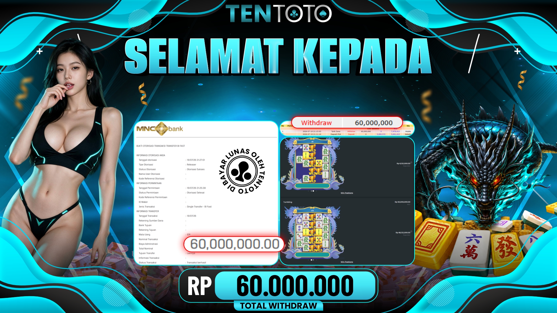 TENTOTO Mahjong Wins 3 Rp. 60.000.000,- LUNAS