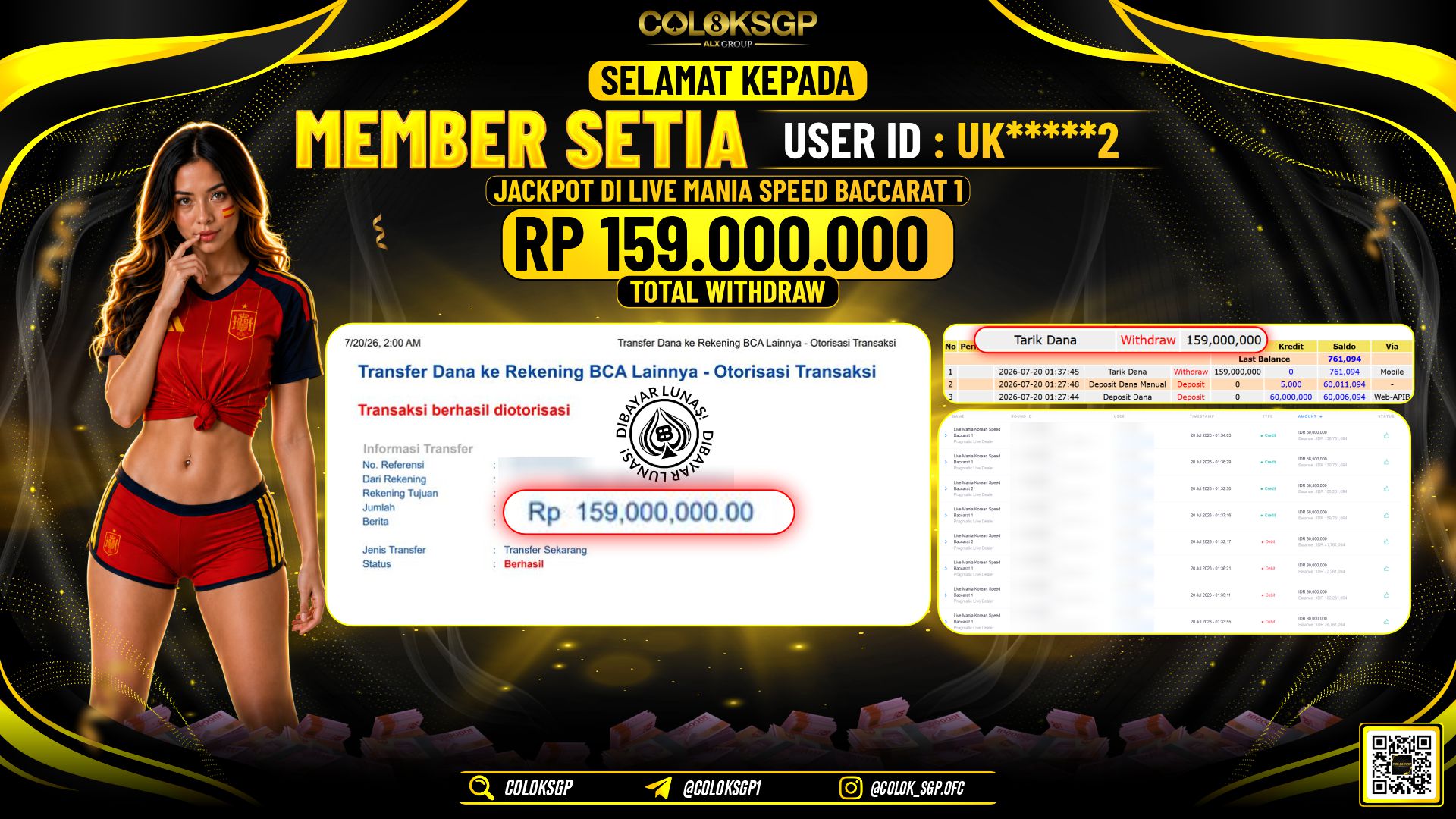 COLOKSGP JACKPOT PRAGMATIC LIVE DEALER - LIVE MANIA SPEED BACCARAT 1 RP159.000.000,- LUNAS