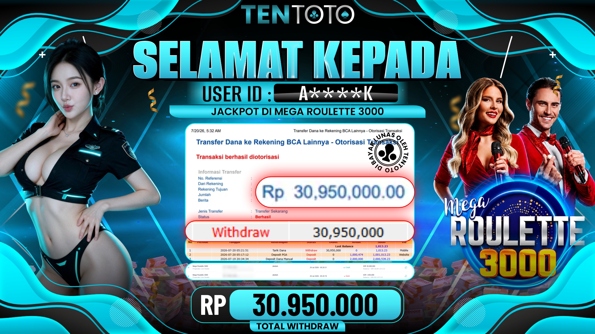 TENTOTO Mega Roulette 3000 Rp. 30.950.000,- LUNAS