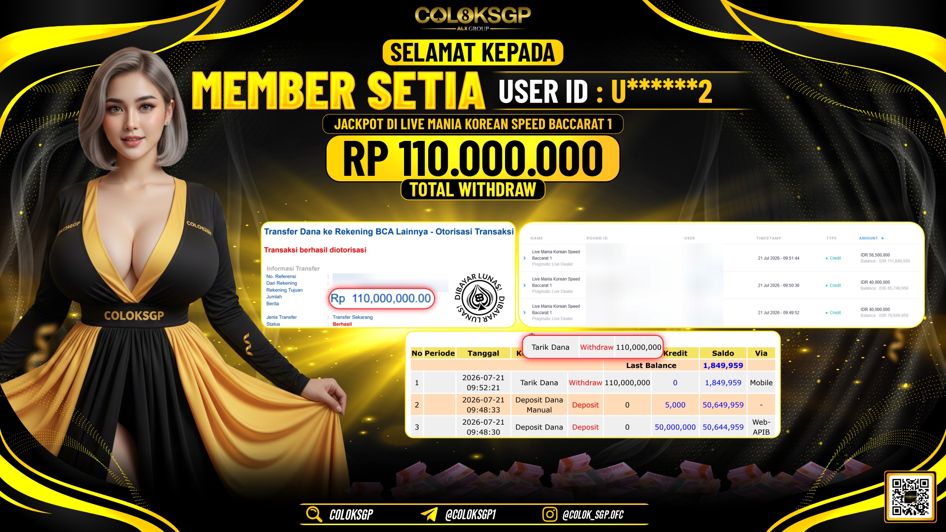 COLOKSGP JACKPOT PRAGMATIC LIVE DEALER - LIVE MANIA KOREAN SPEED BACCARAT 1 RP110.000.000,- LUNAS