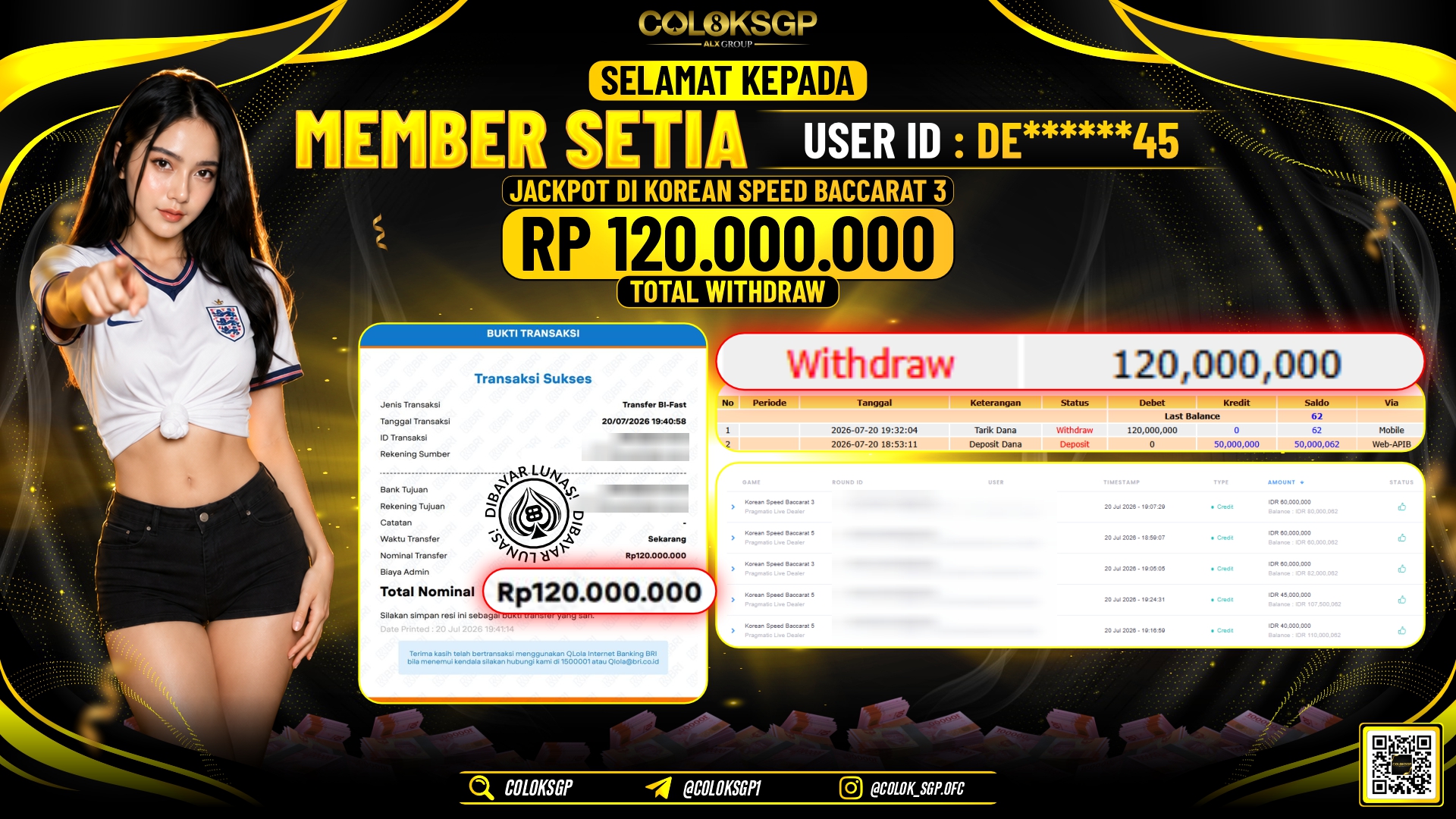 COLOKSGP JACKPOT PRAGMATIC LIVE DEALER - KOREAN SPEED BACCARAT 3 RP120.000.000,- LUNAS