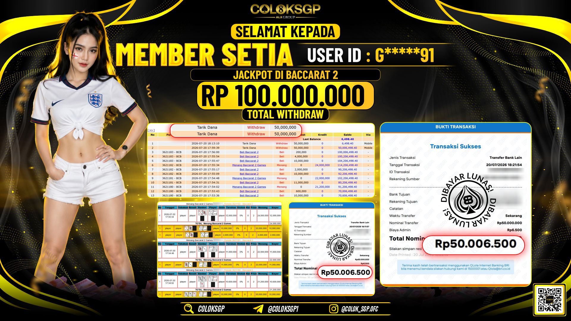 COLOKSGP JACKPOT IDNLIVE - BACCARAT 2 RP100.000.000,- LUNAS
